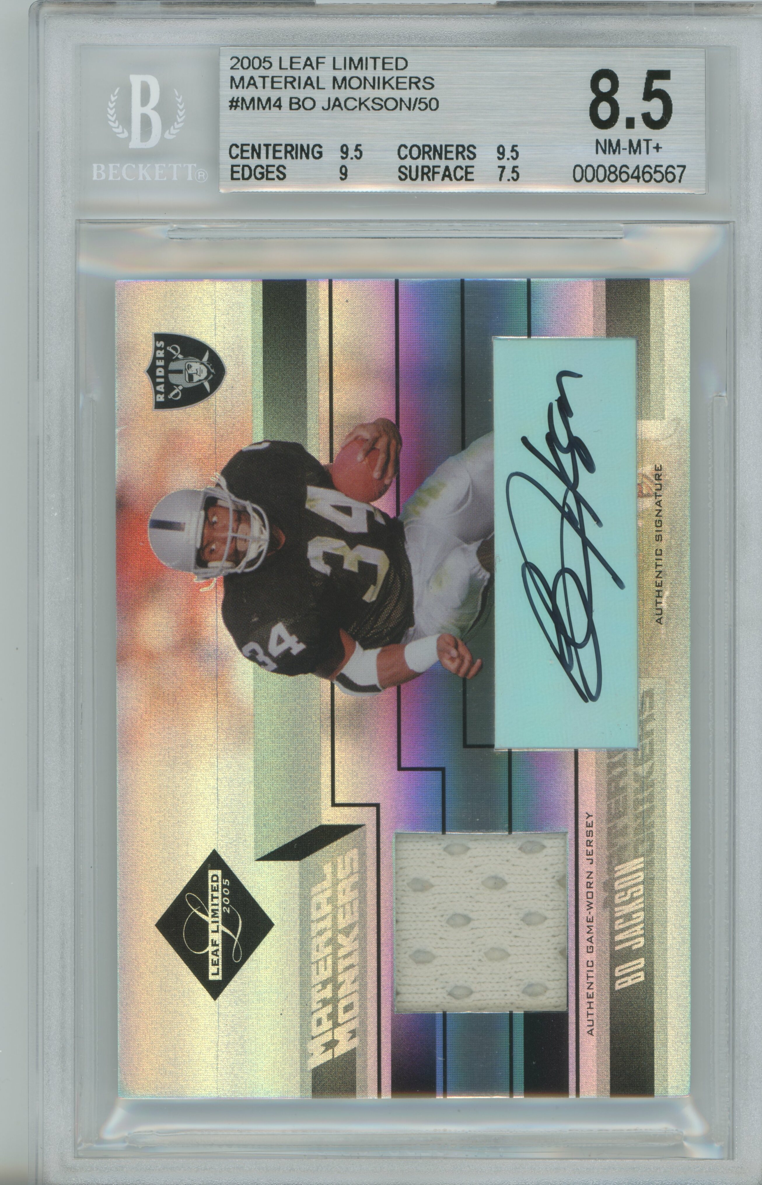 2005 Limited Material Monikers Jersey Auto Bo Jackson BGS 8.5