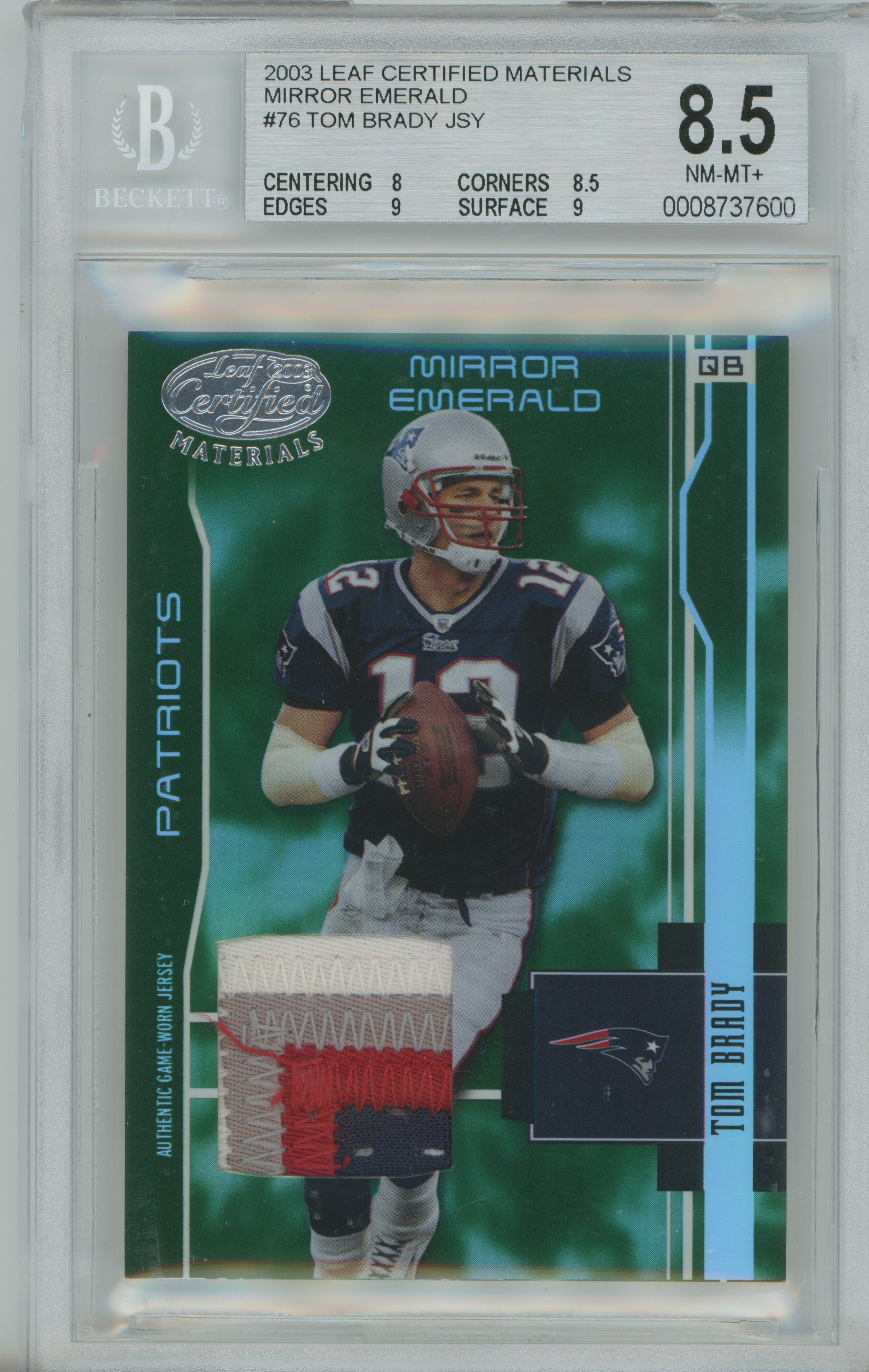 2003 Certified Materials Mirror Emerald Patch Tom Brady BGS 8.5