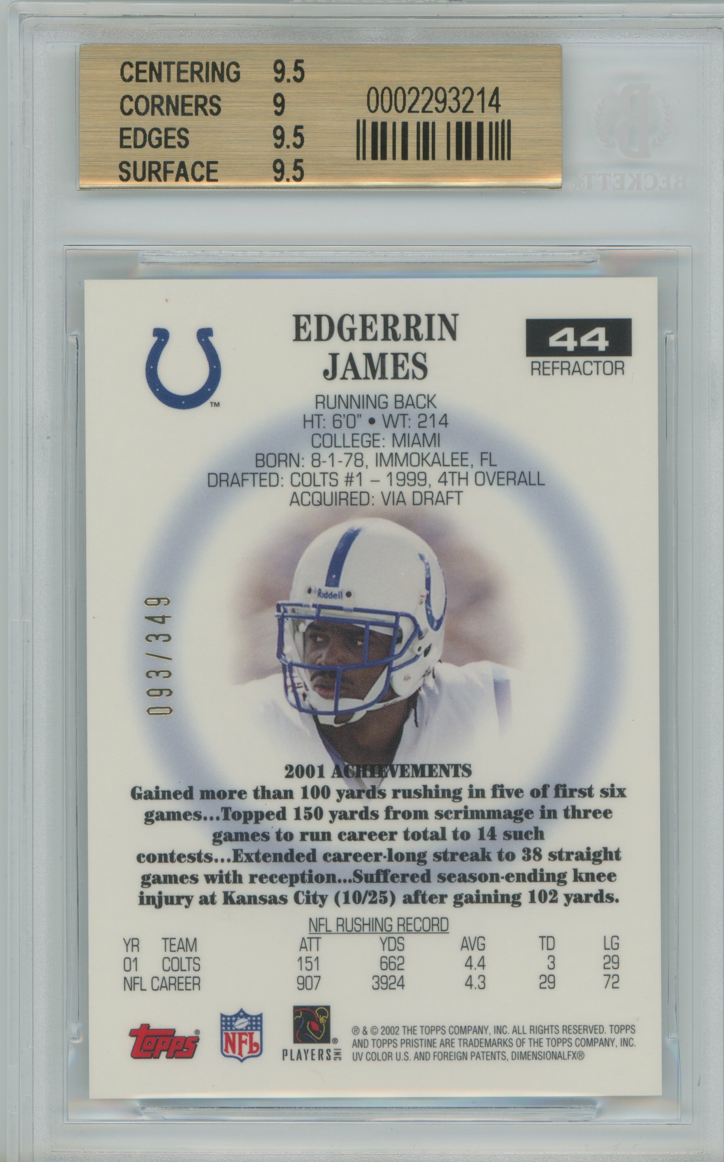 2002 Pristine Refractor Edgerrin James BGS 9.5