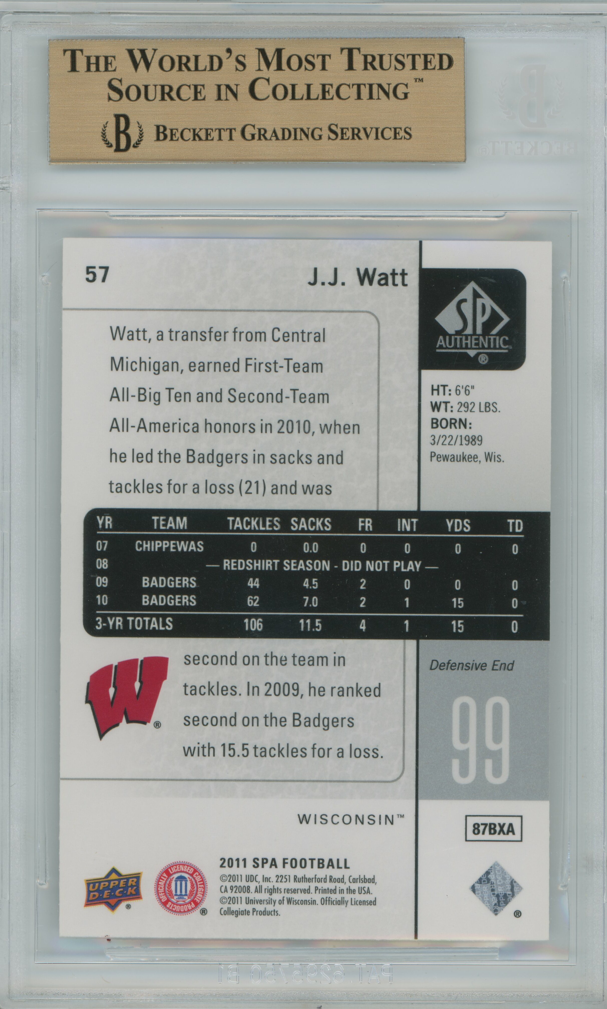 2011 SP Authentic RC JJ Watt BGS 10