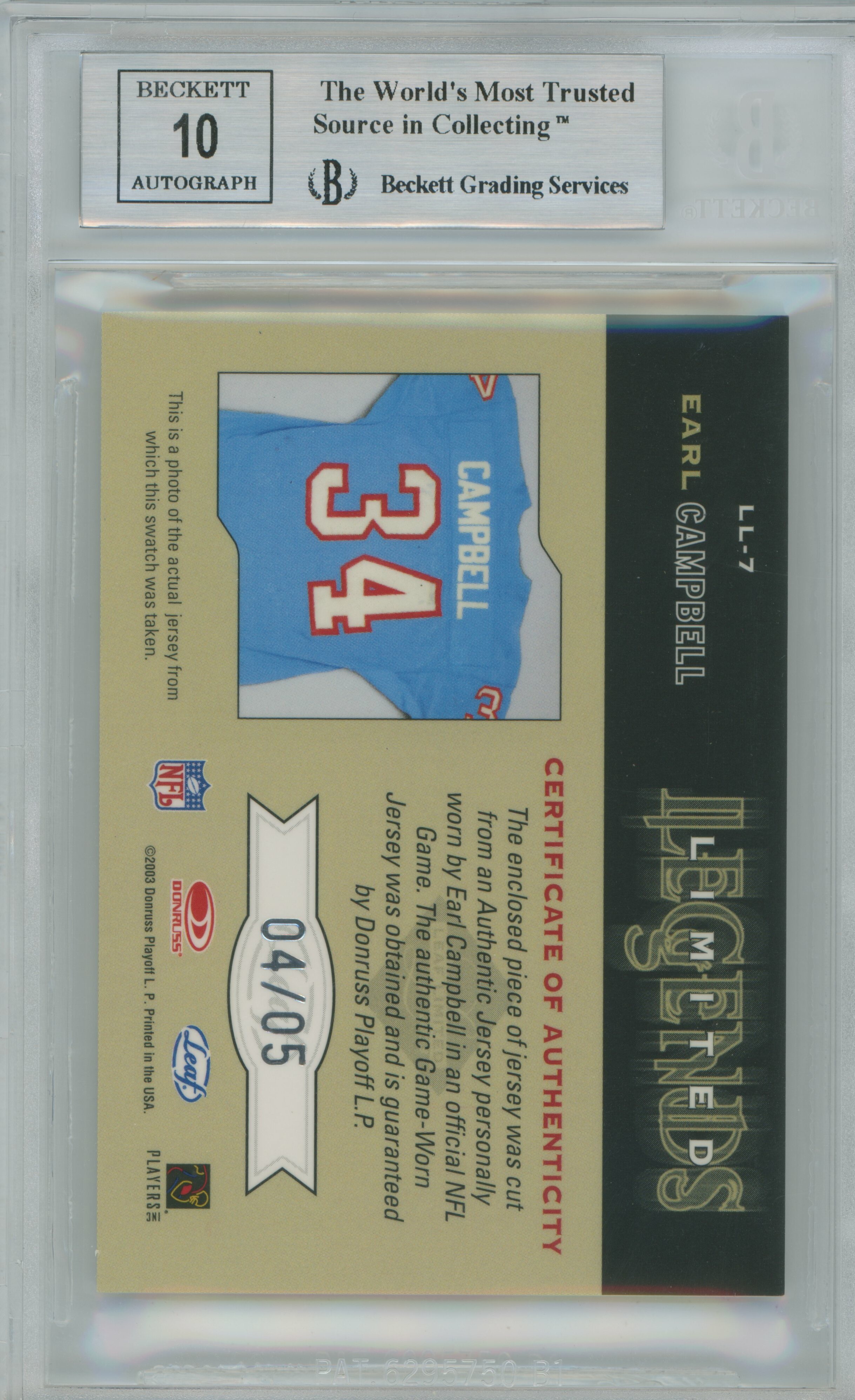 2003 Limited Legends Patch Auto Earl Campbell BGS 9