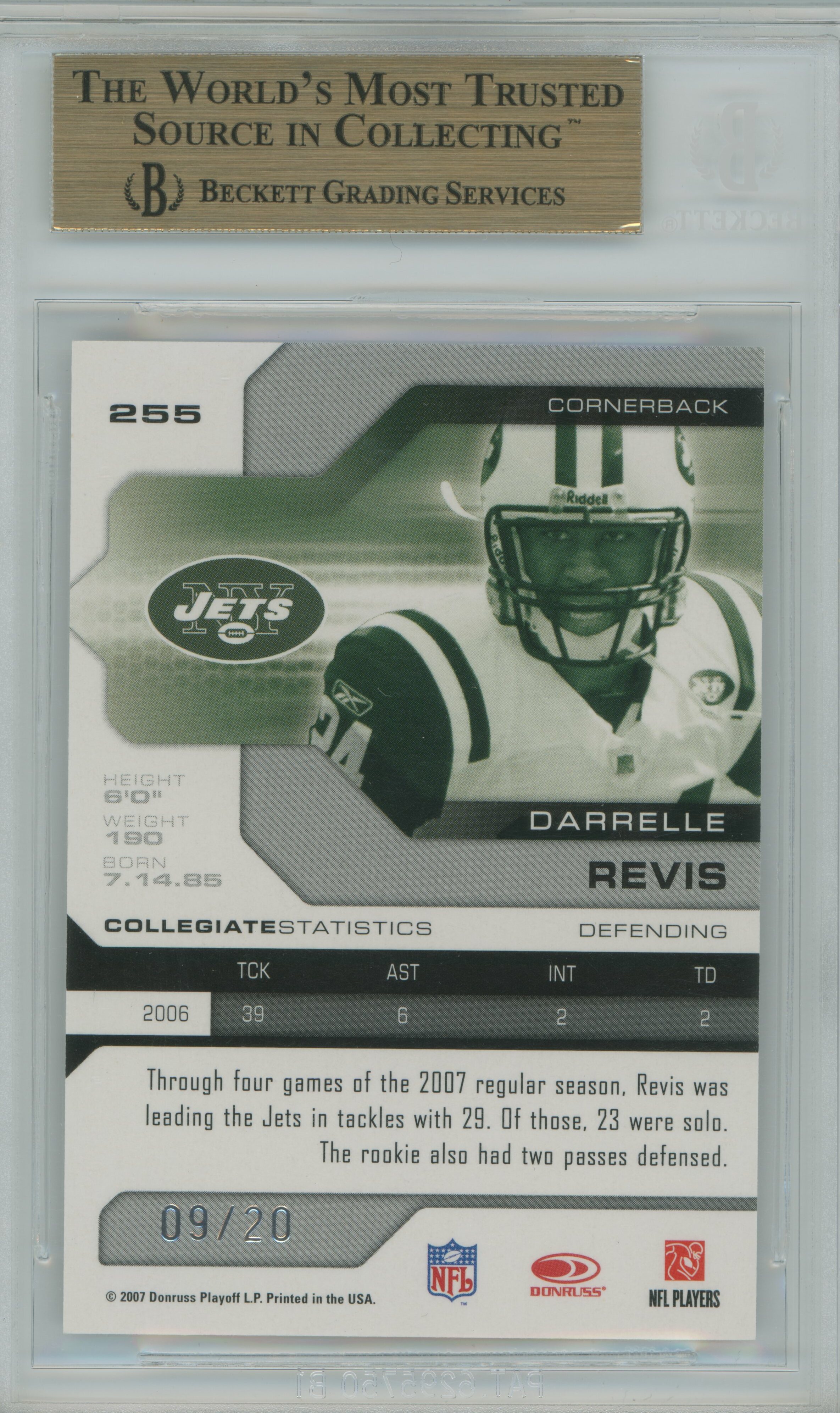 2007 Limited Silver Spotlight RC Darrelle Revis BGS 9.5