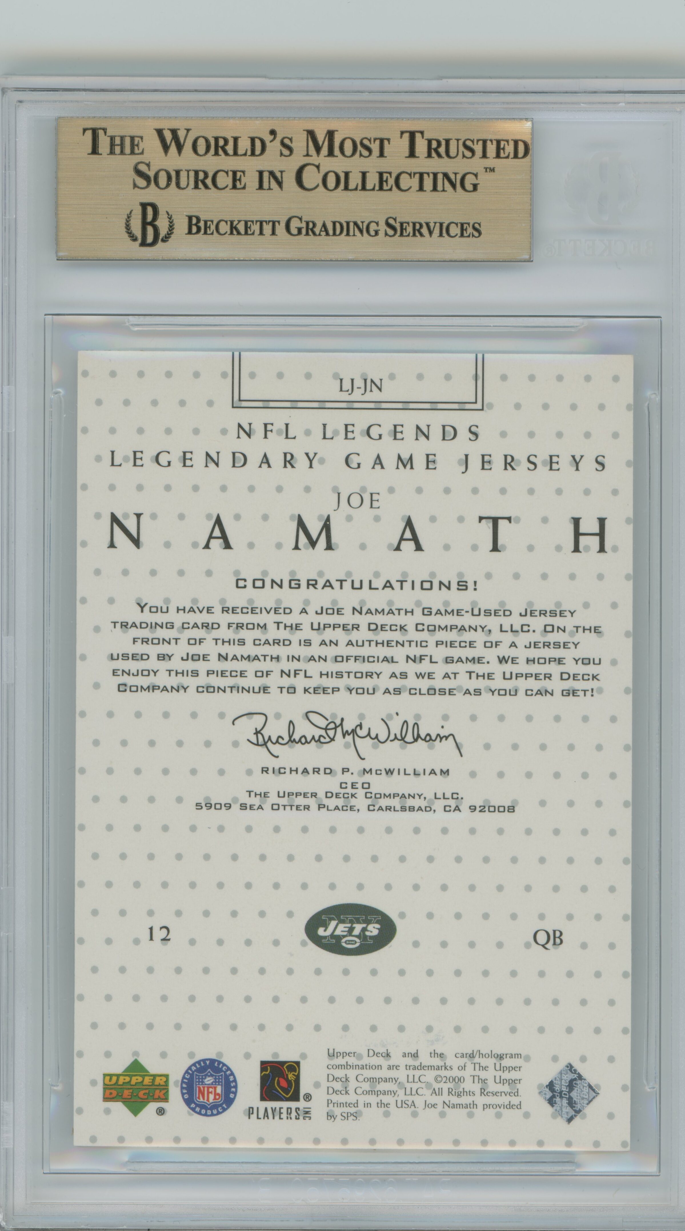 2000 Legends Legendary Game Jerseys Joe Namath BGS 9.5