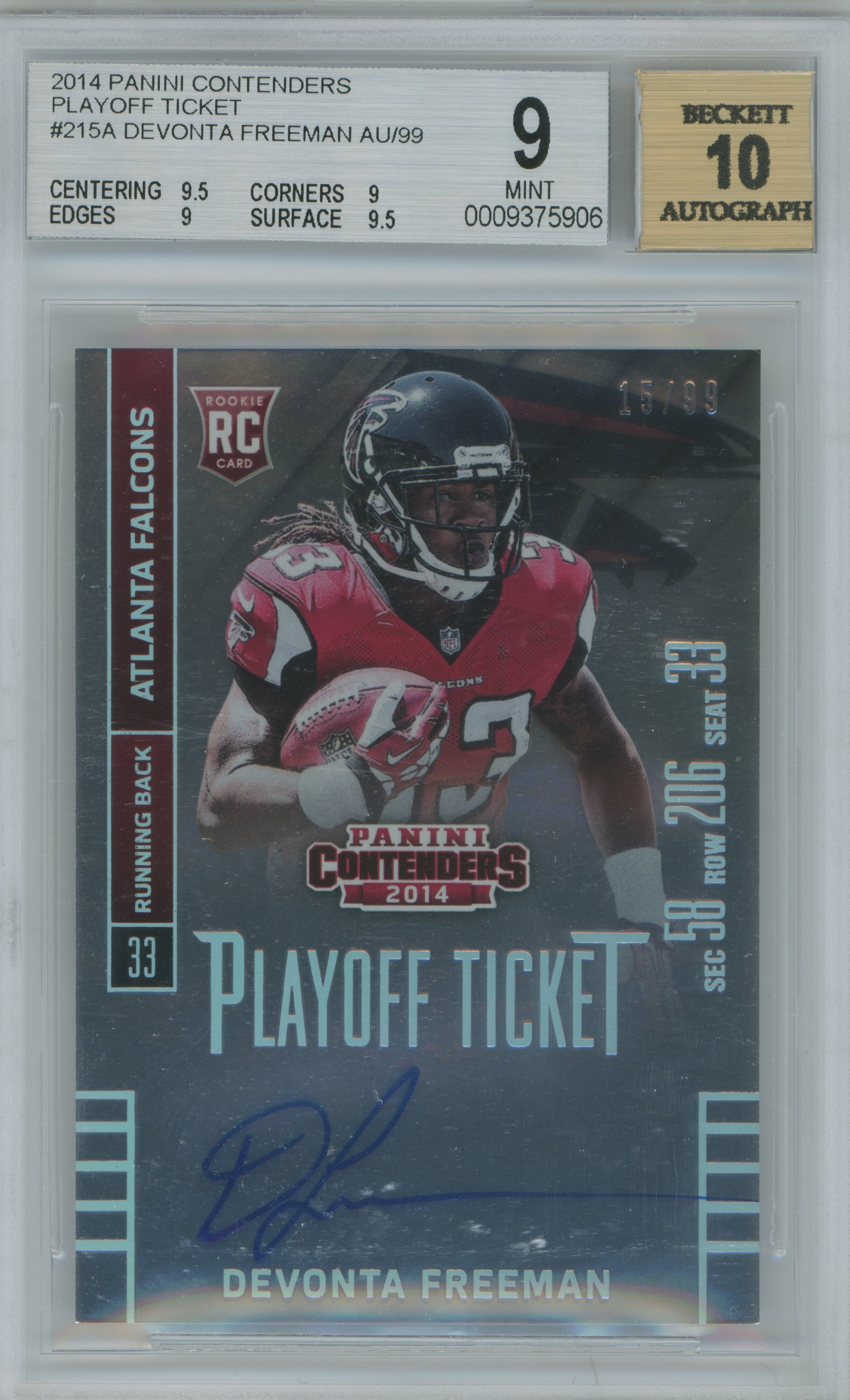 2014 Contenders Playoff Ticket Auto RC Devonte Freeman BGS 9