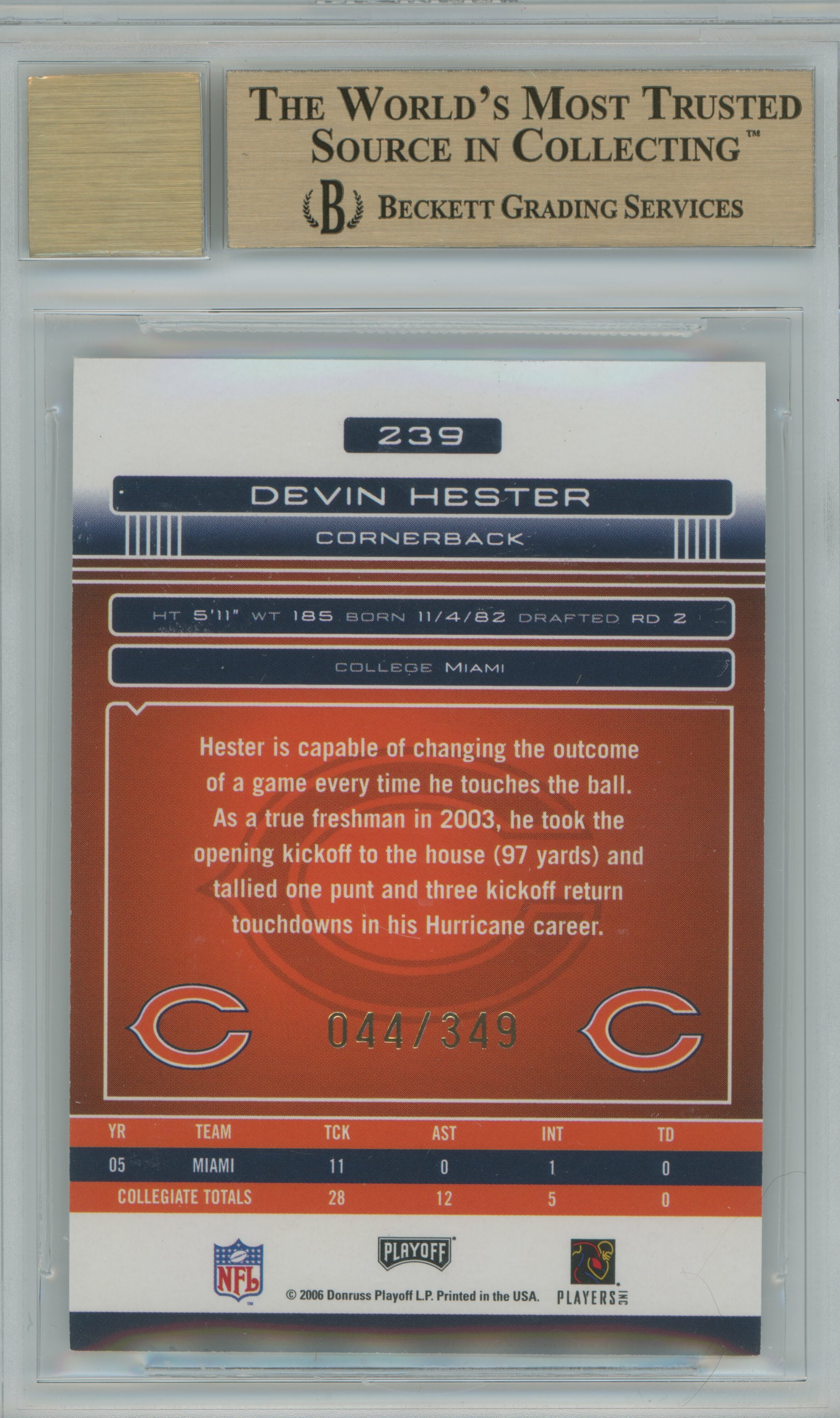 2006 Absolute Memorabilia Auto Devin Hester BGS 9.5