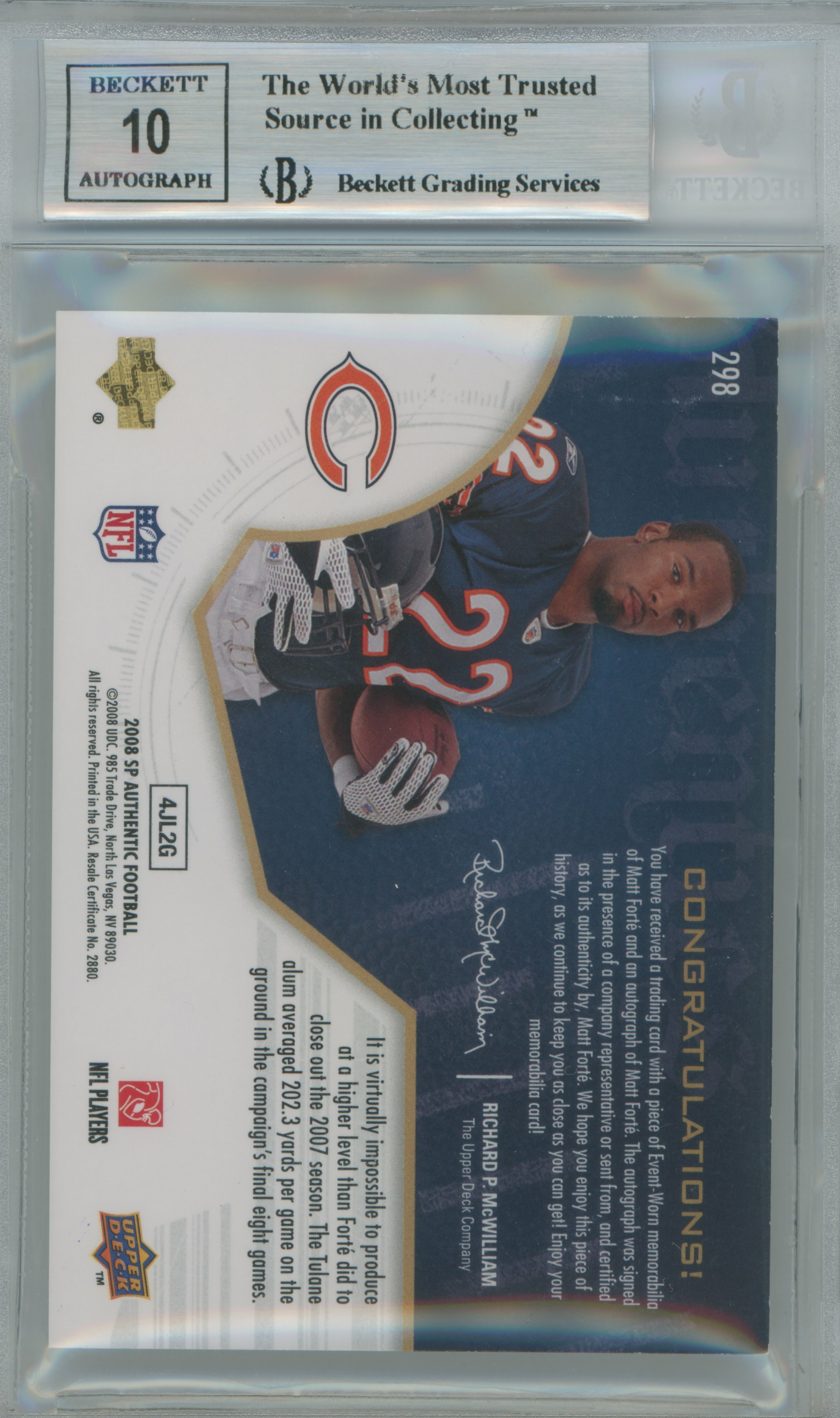 2008 SP Authentic Rookie Authentics Patch Auto Matt Forte BGS 9