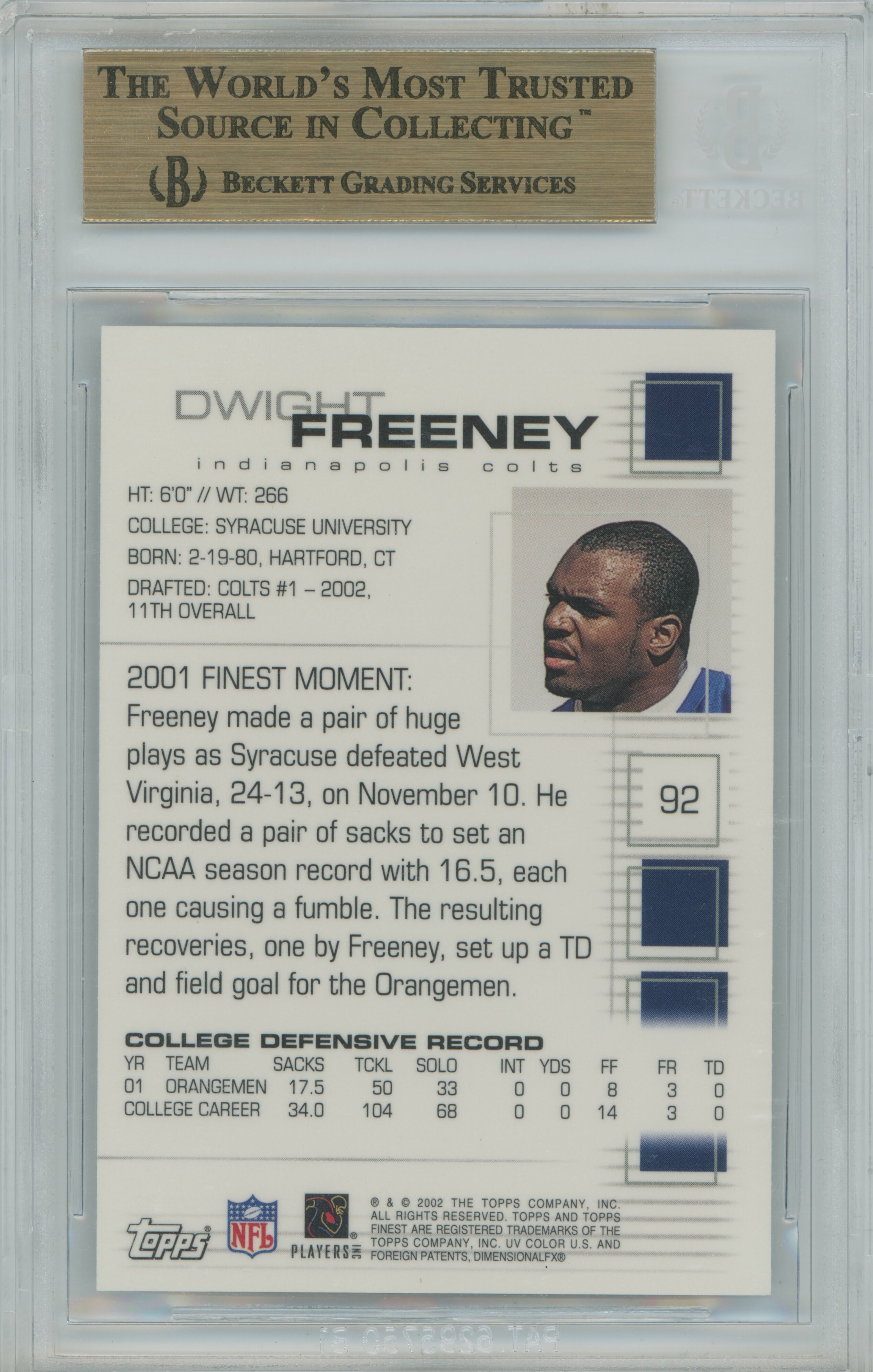 2002 Finest RC Dwight Freeney BGS 9.5