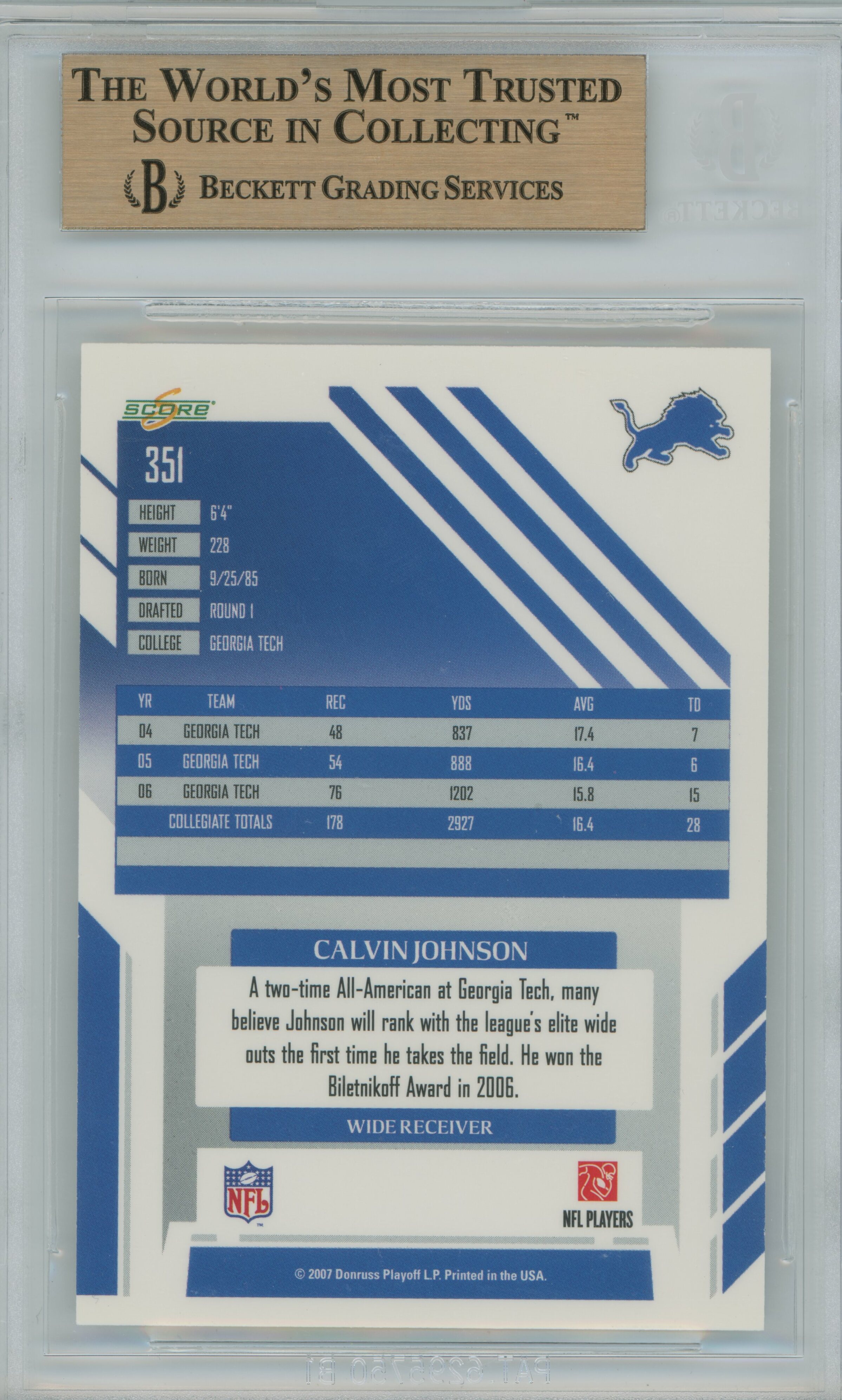 2007 Score Calvin Johnson BGS 9.5