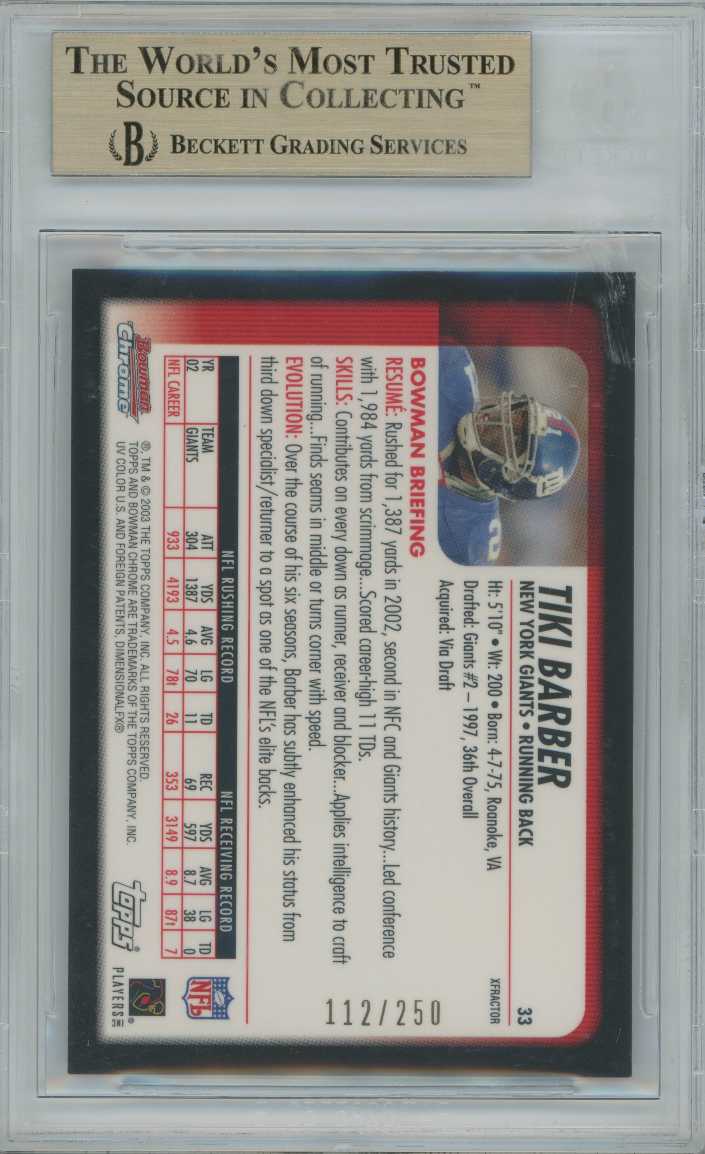 2003 Bowman Chrome Xfractor Tiki Barber BGS 9.5