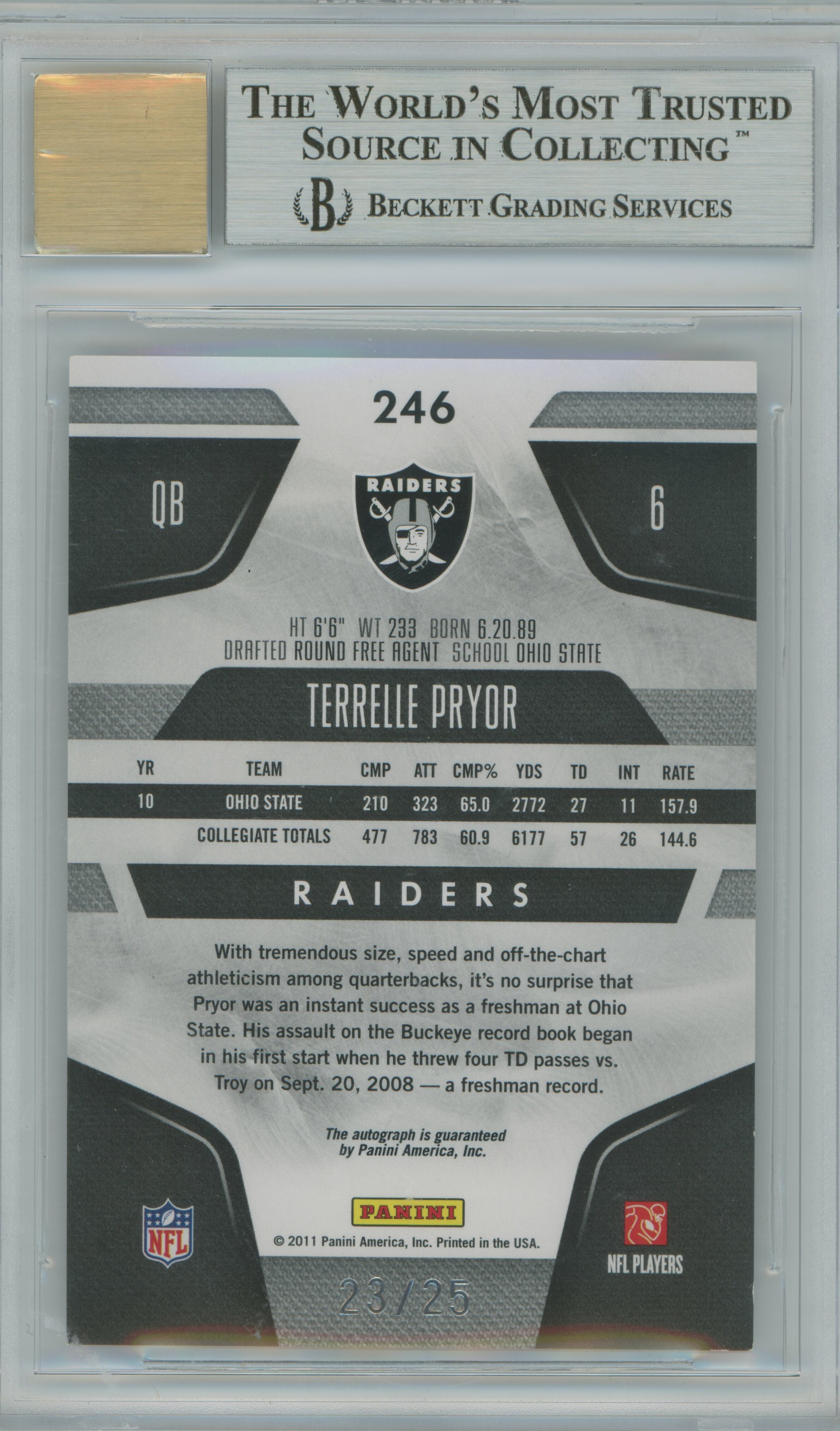 2011 Certified Mirror Gold Signatures Terrelle Pryor BGS 9