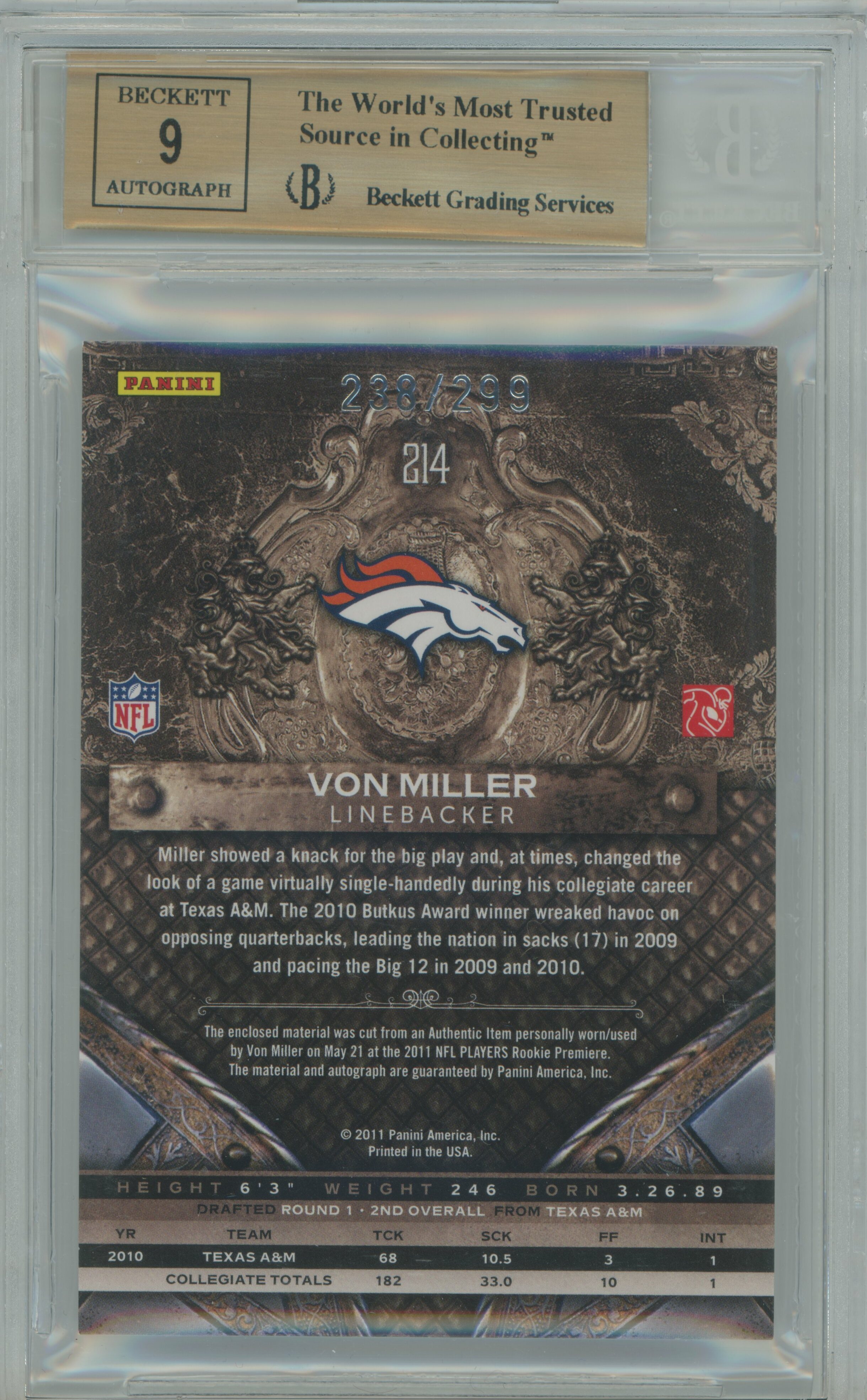 2011 Crown Royale RPA Von Miller BGS 9.5