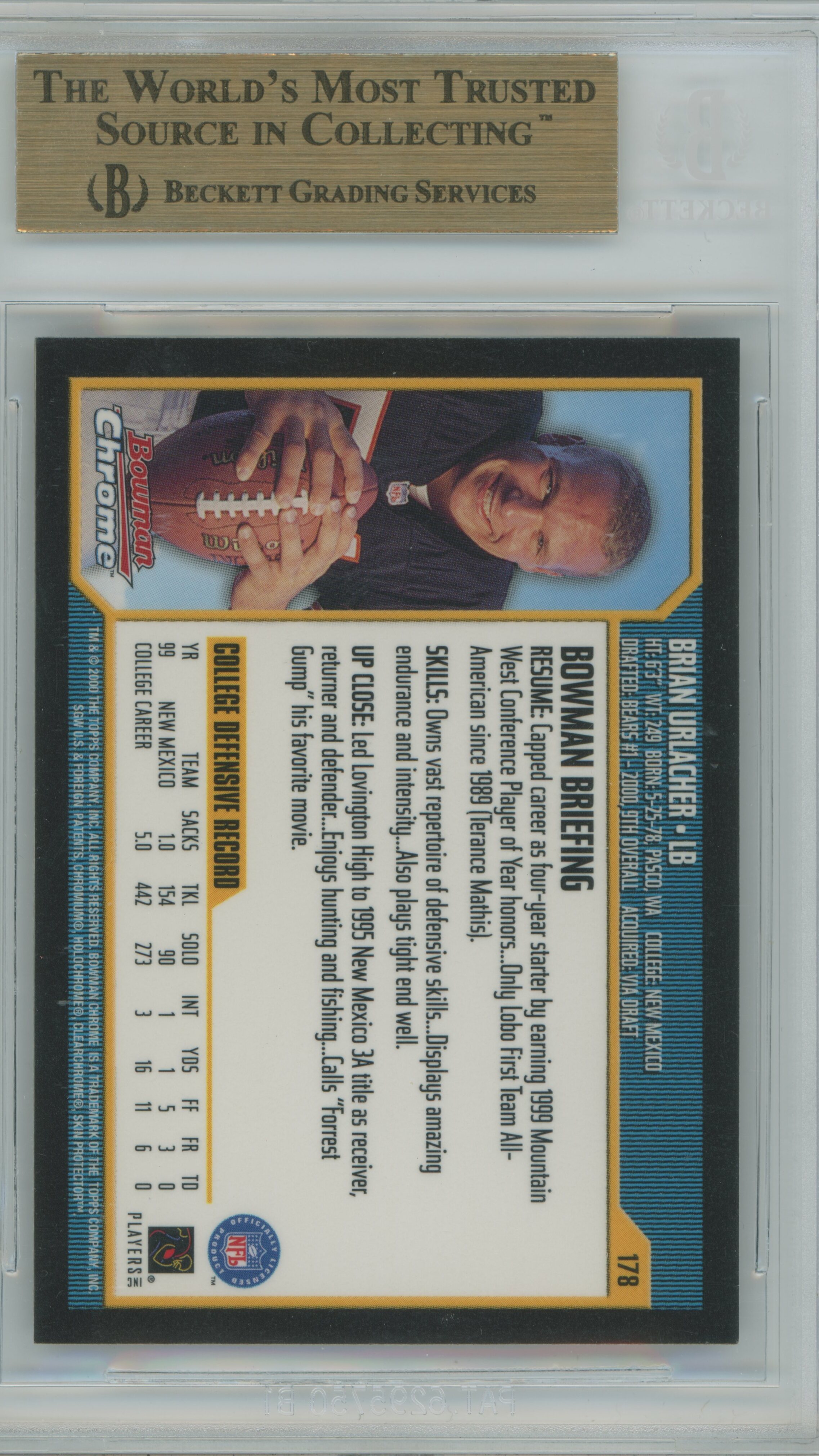 2000 Bowman Chrome RC Brian Urlacher BGS 9.5