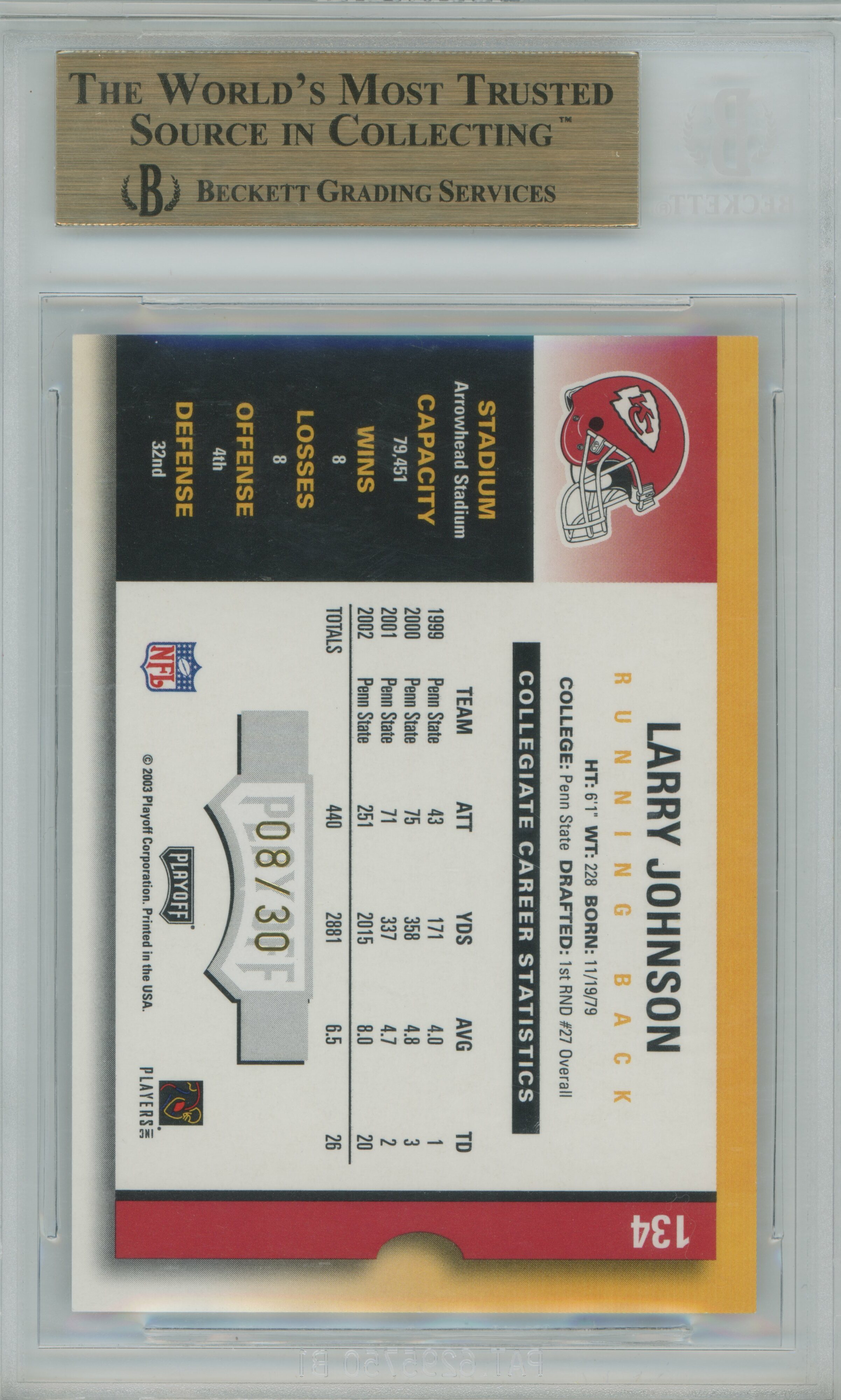 2003 Contenders Playoff Ticket RC Larry Johnson BGS 9.5