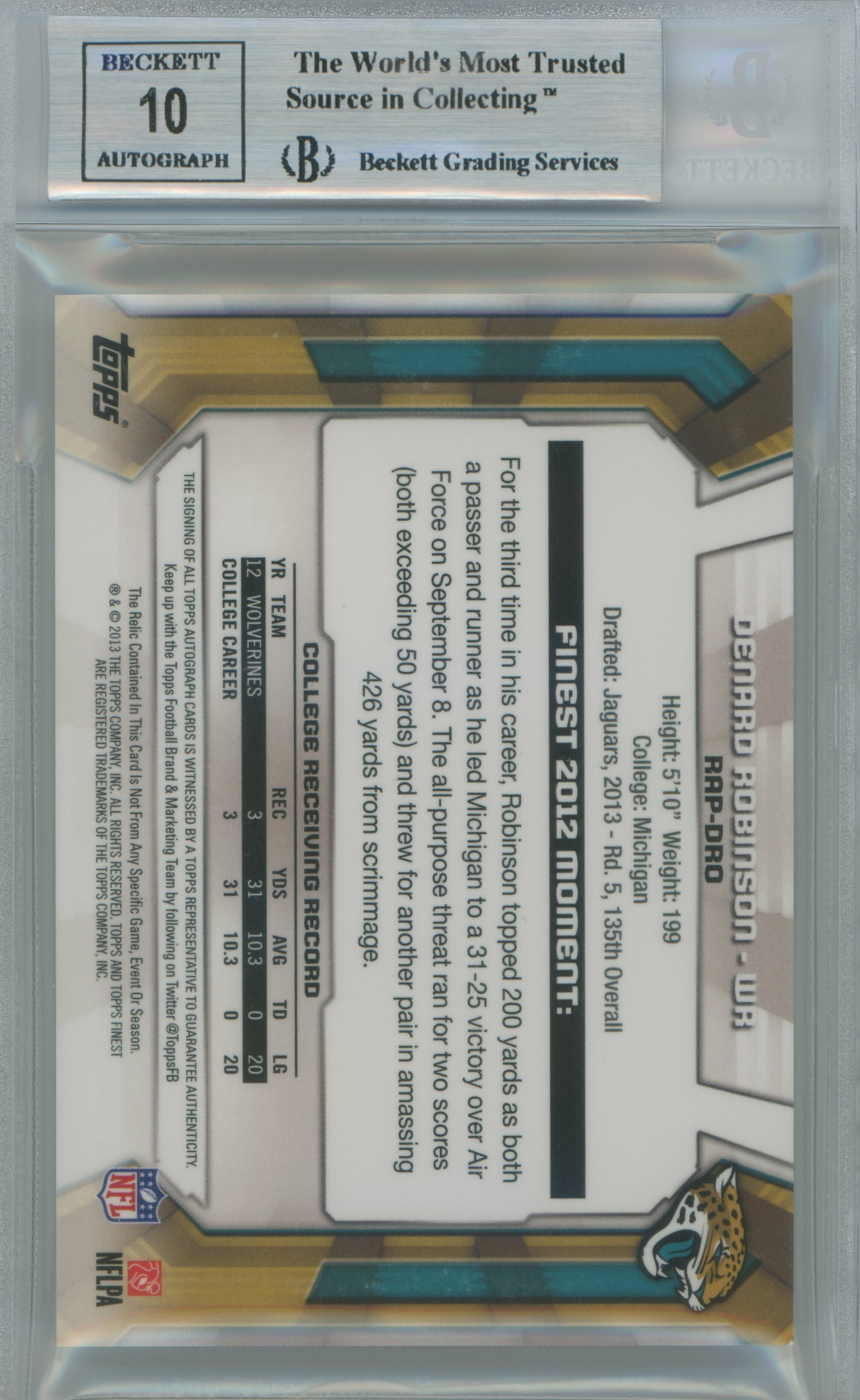 2013 Finest Refractor RPA Denard Robinson BGS 9