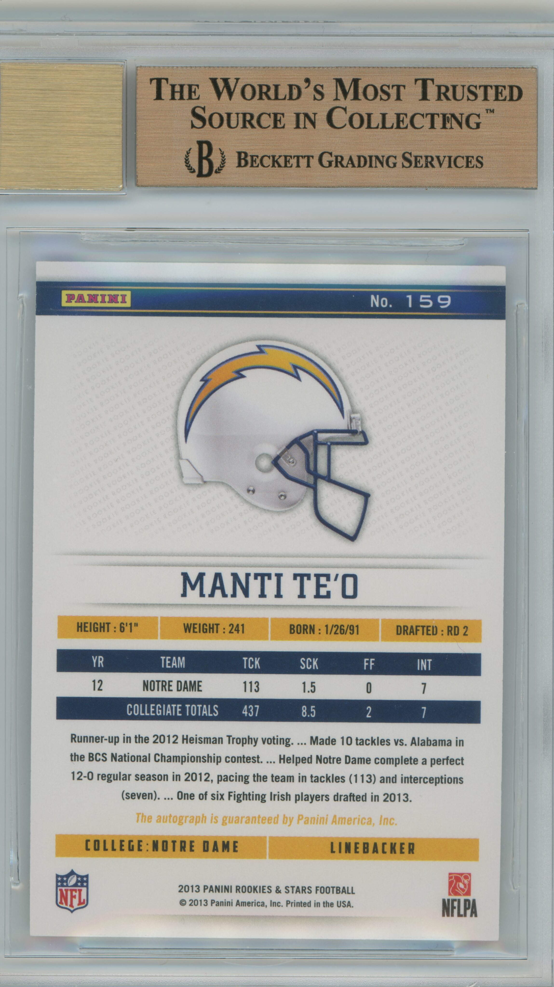 2013 Rookies & Stars Longevity Gold Auto RC Manti Te'o BGS 9.5