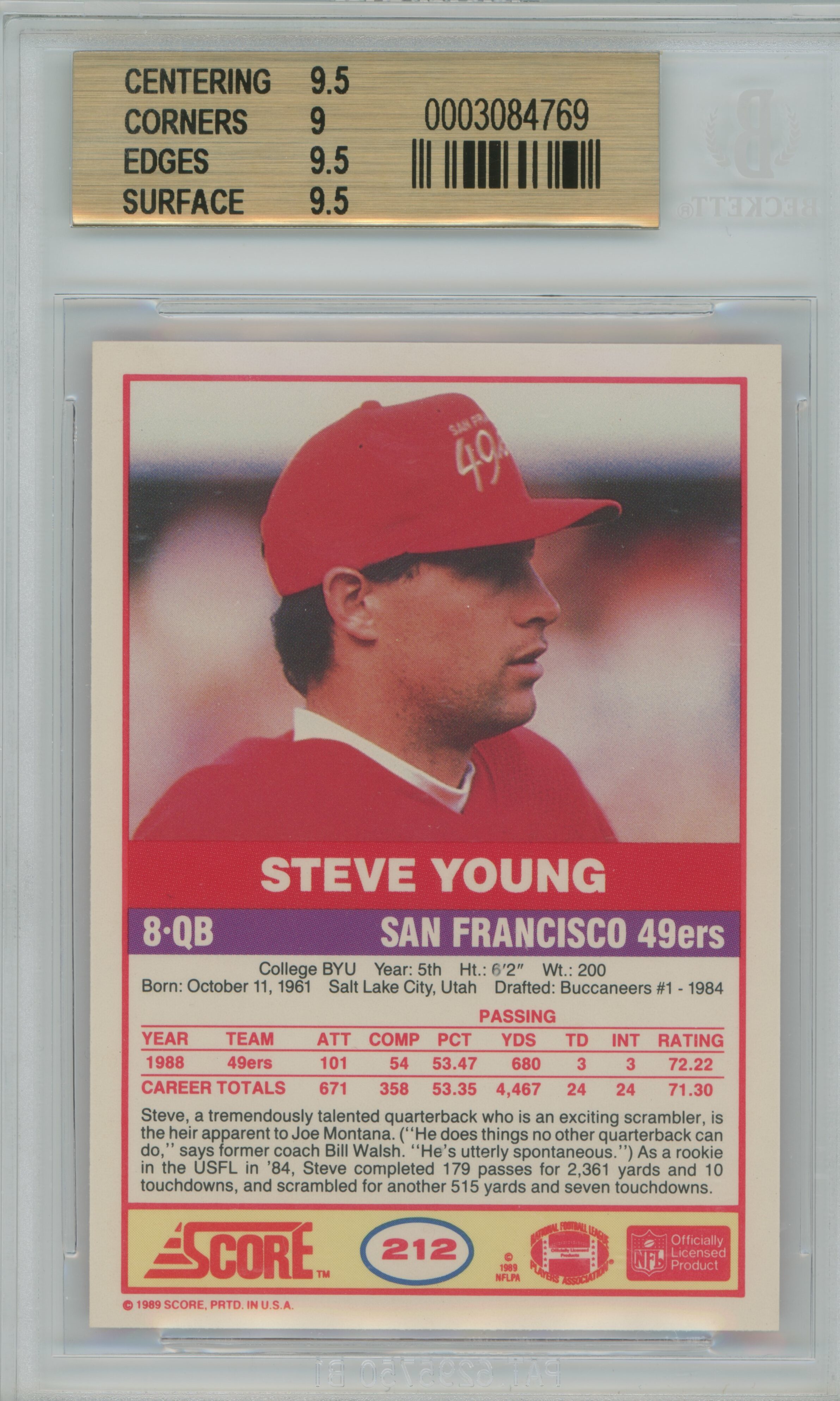 1989 Score Steve Young BGS 9.5