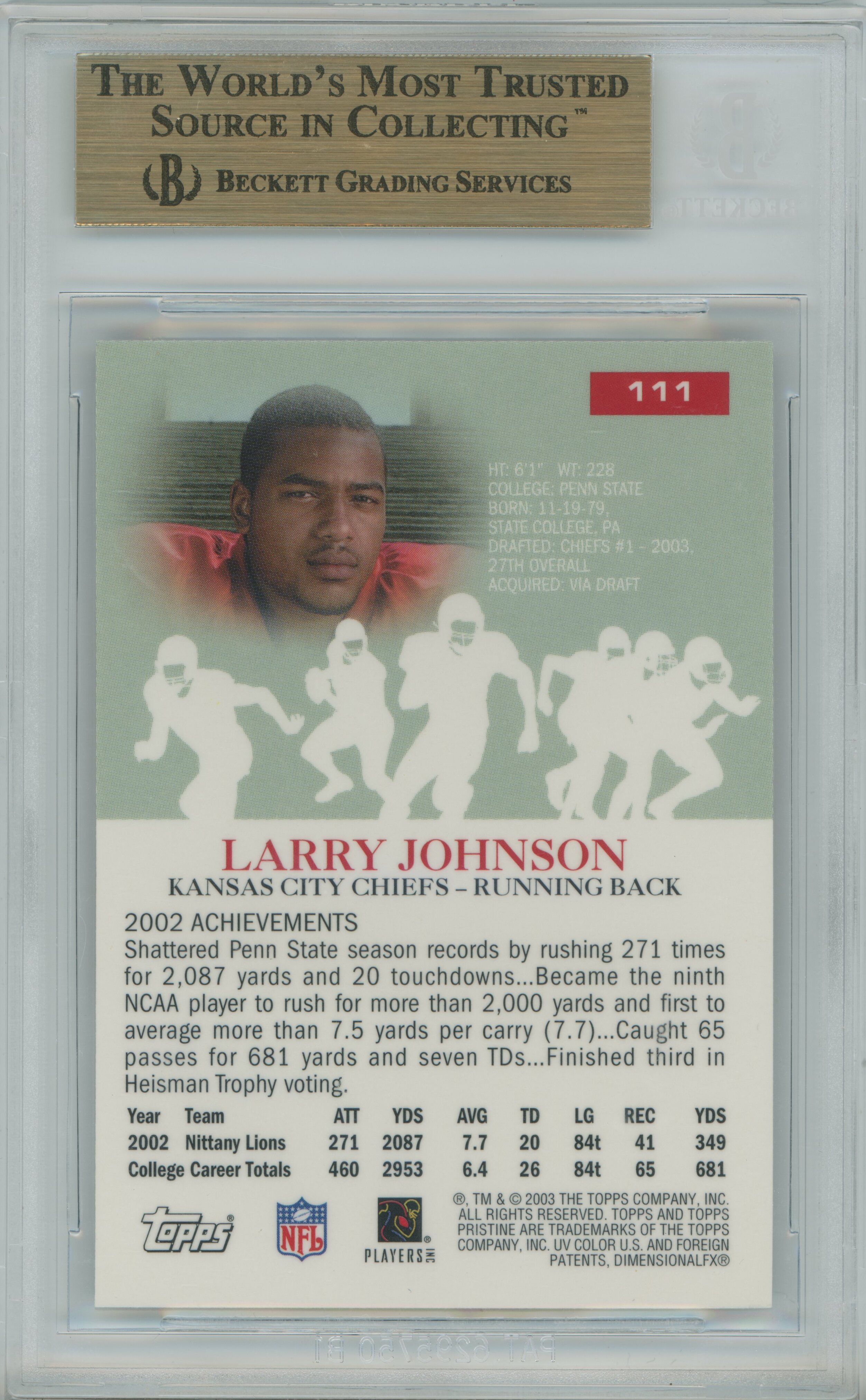 2003 Pristine RC Larry Johnson BGS 9.5