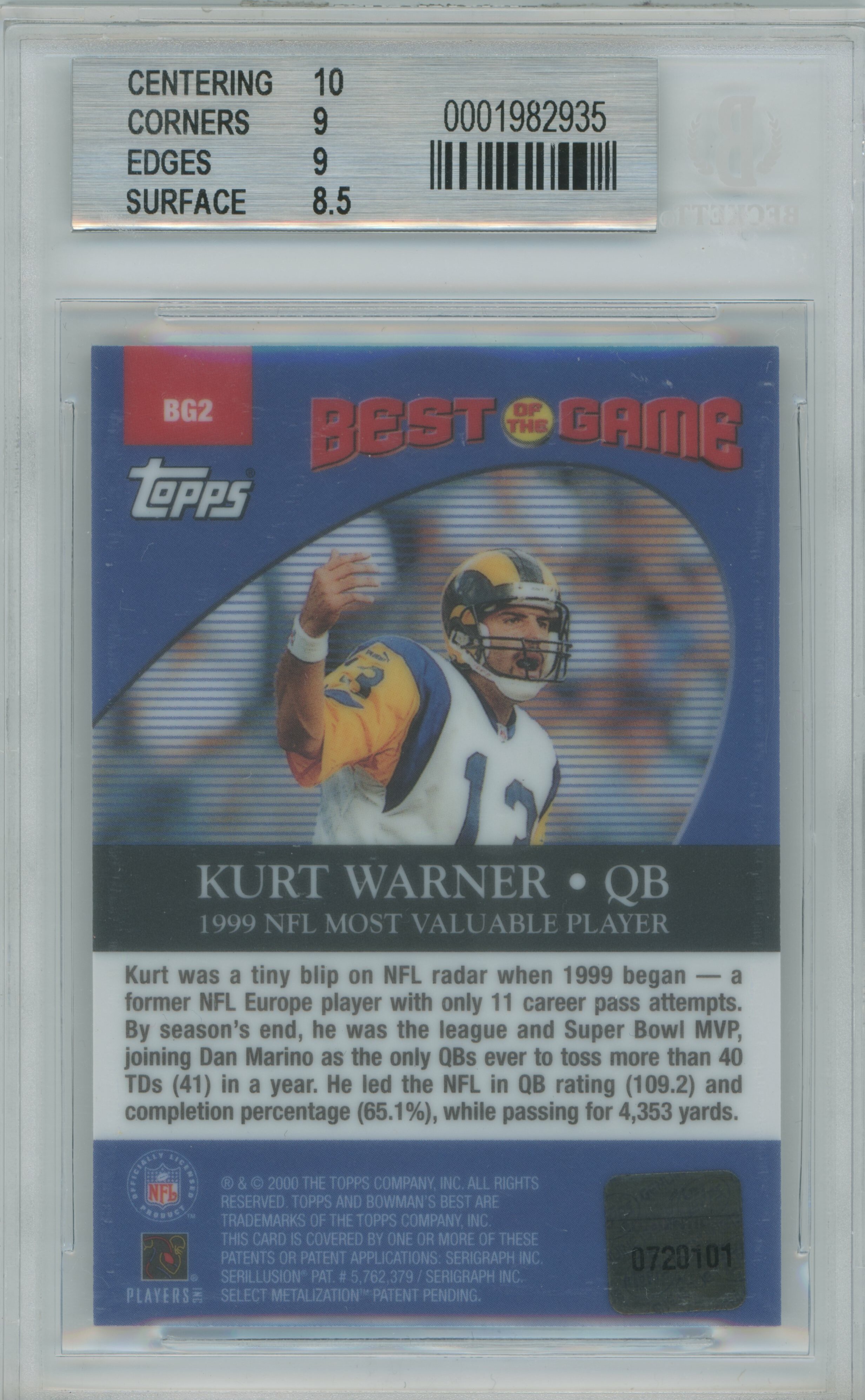 2000 Bowman's Best Best of the Game Auto Kurt Warner BGS 9