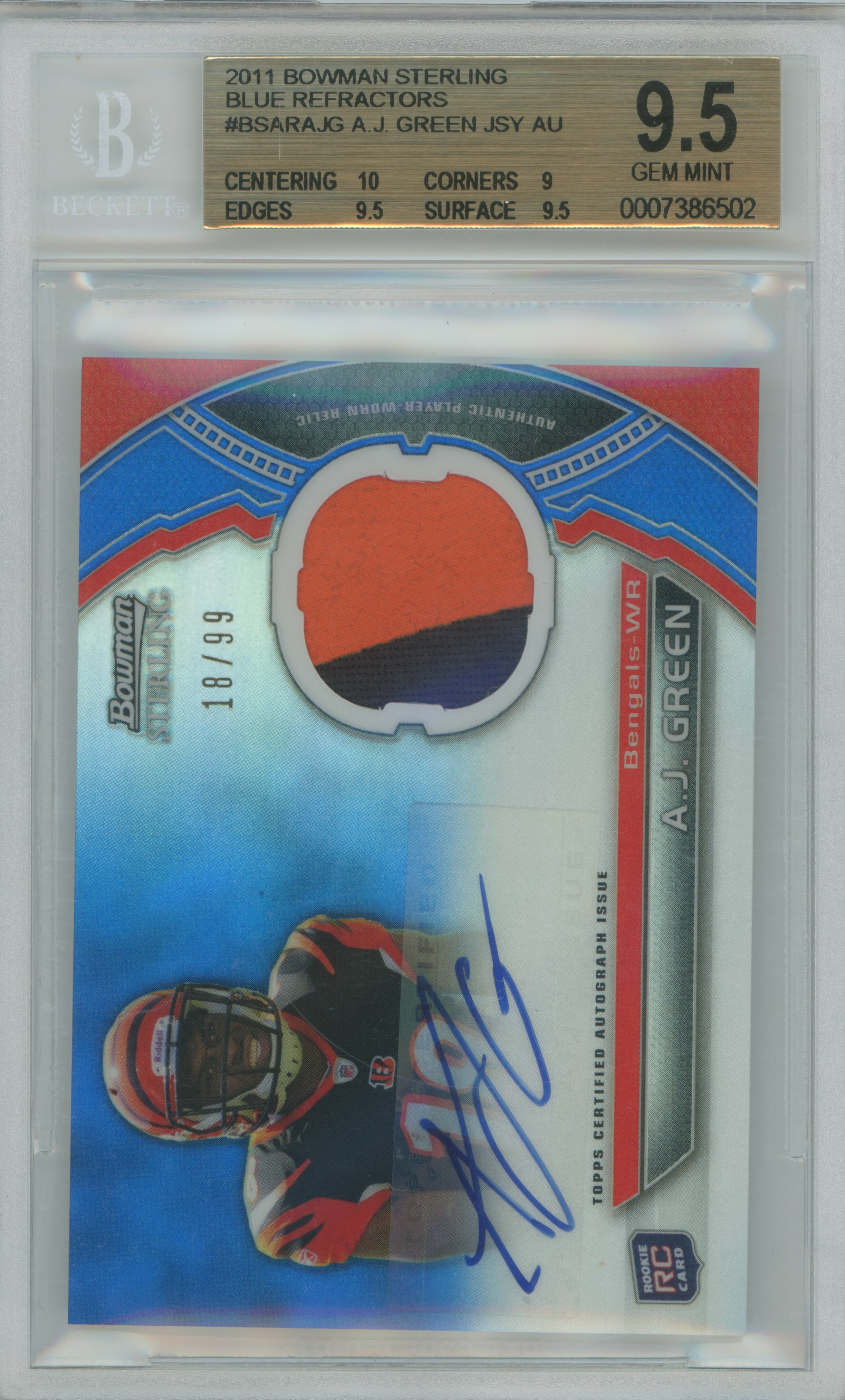 2011 Sterling Blue Refractor RC Jersey Auto A.J. Green BGS 9.5