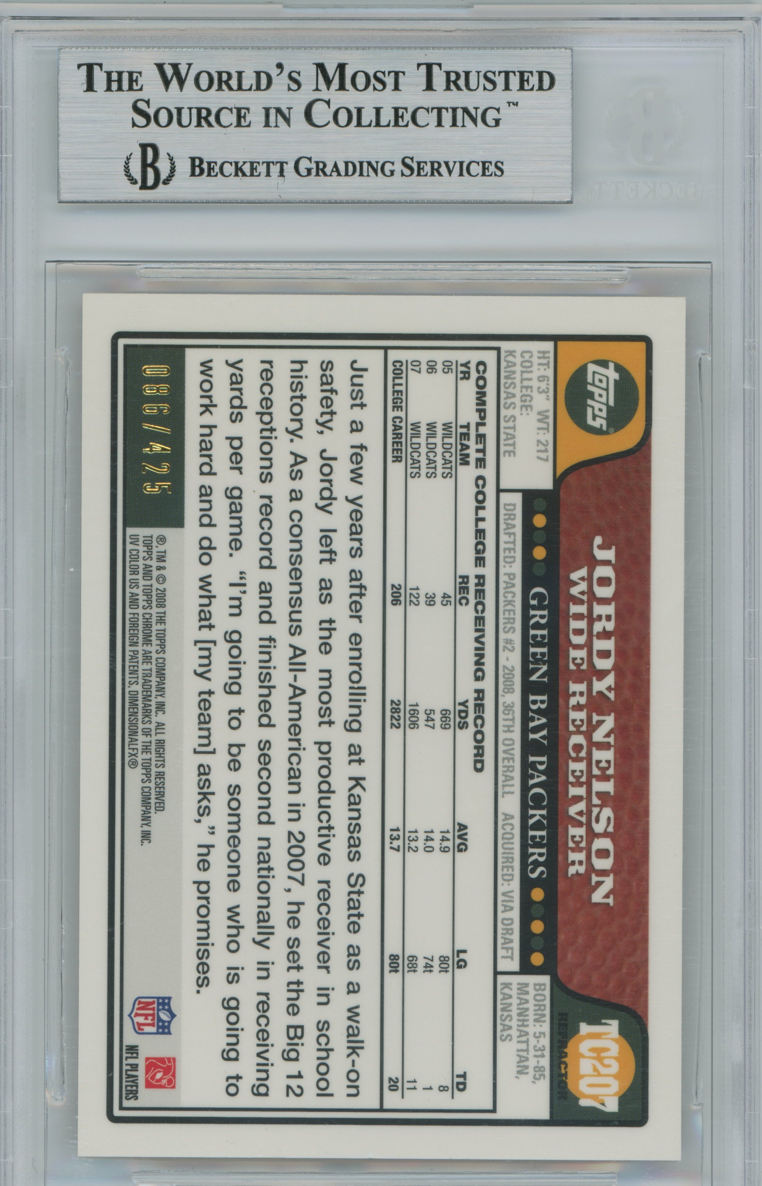 2008 Topps Chrome Copper Refractor RC Jordy Nelson BGS 9