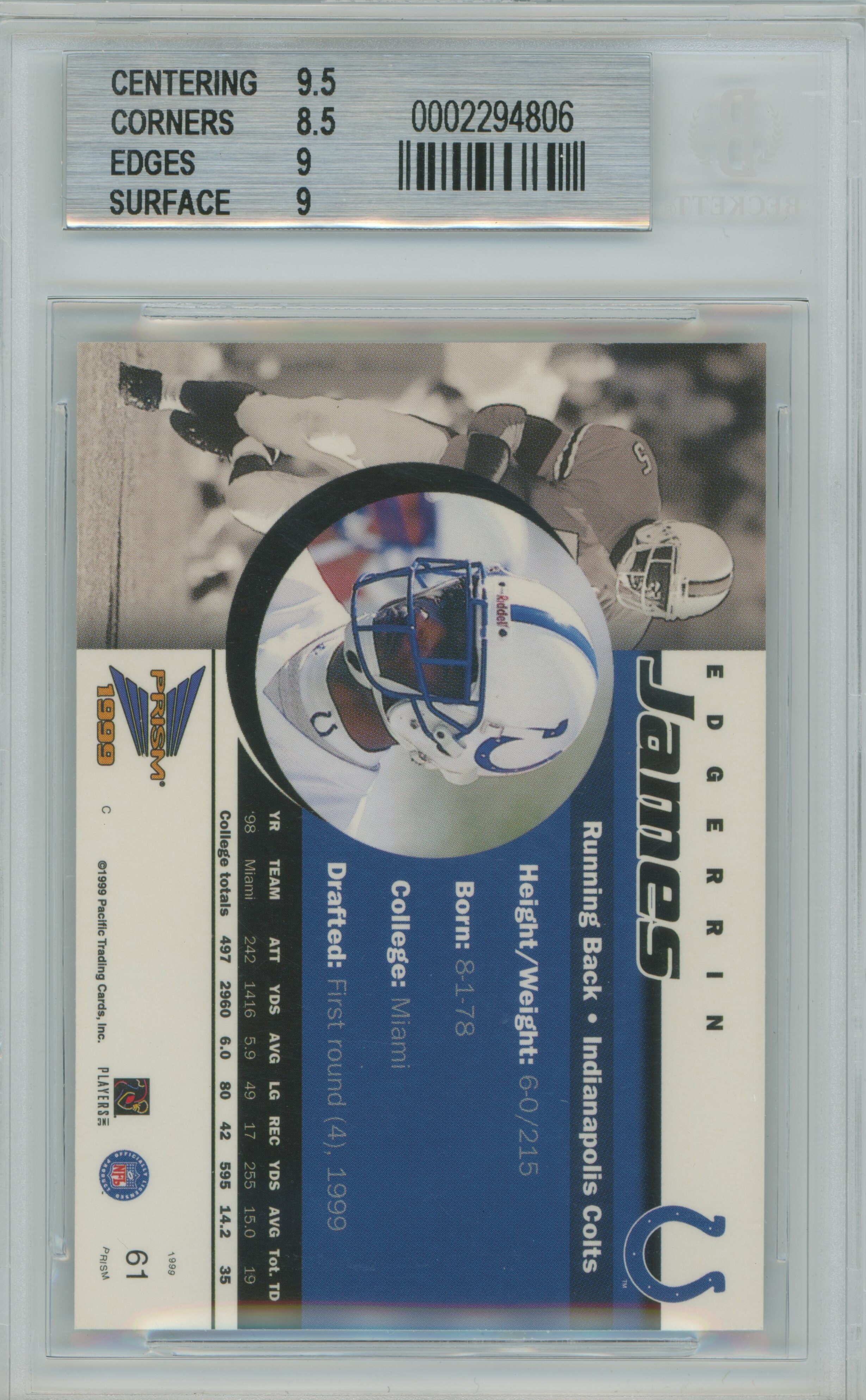 1999 Prism Edgerrin James RC BGS 9