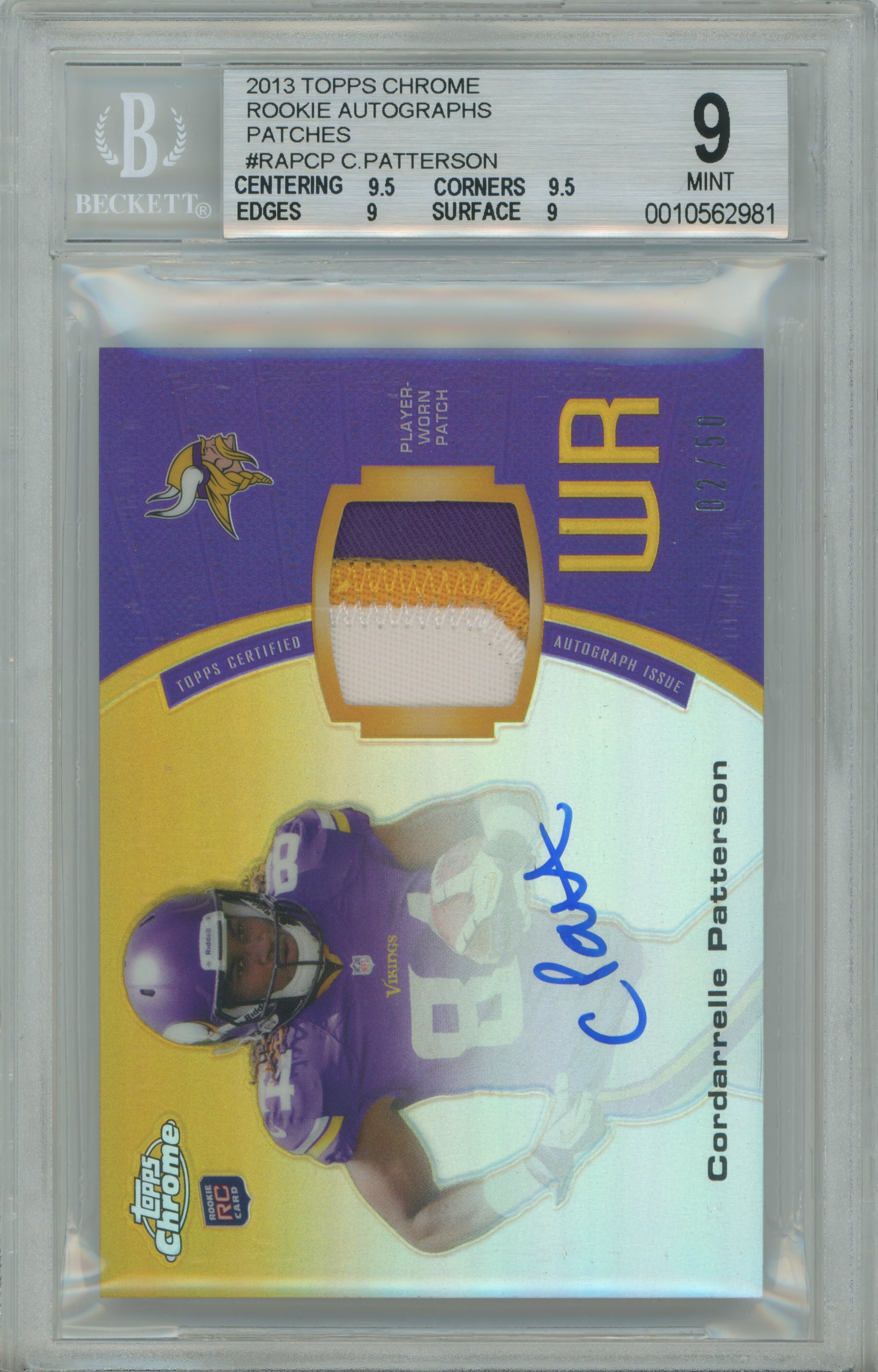 2013 Topps Chrome RPA Cordarrelle Peterson BGS 9
