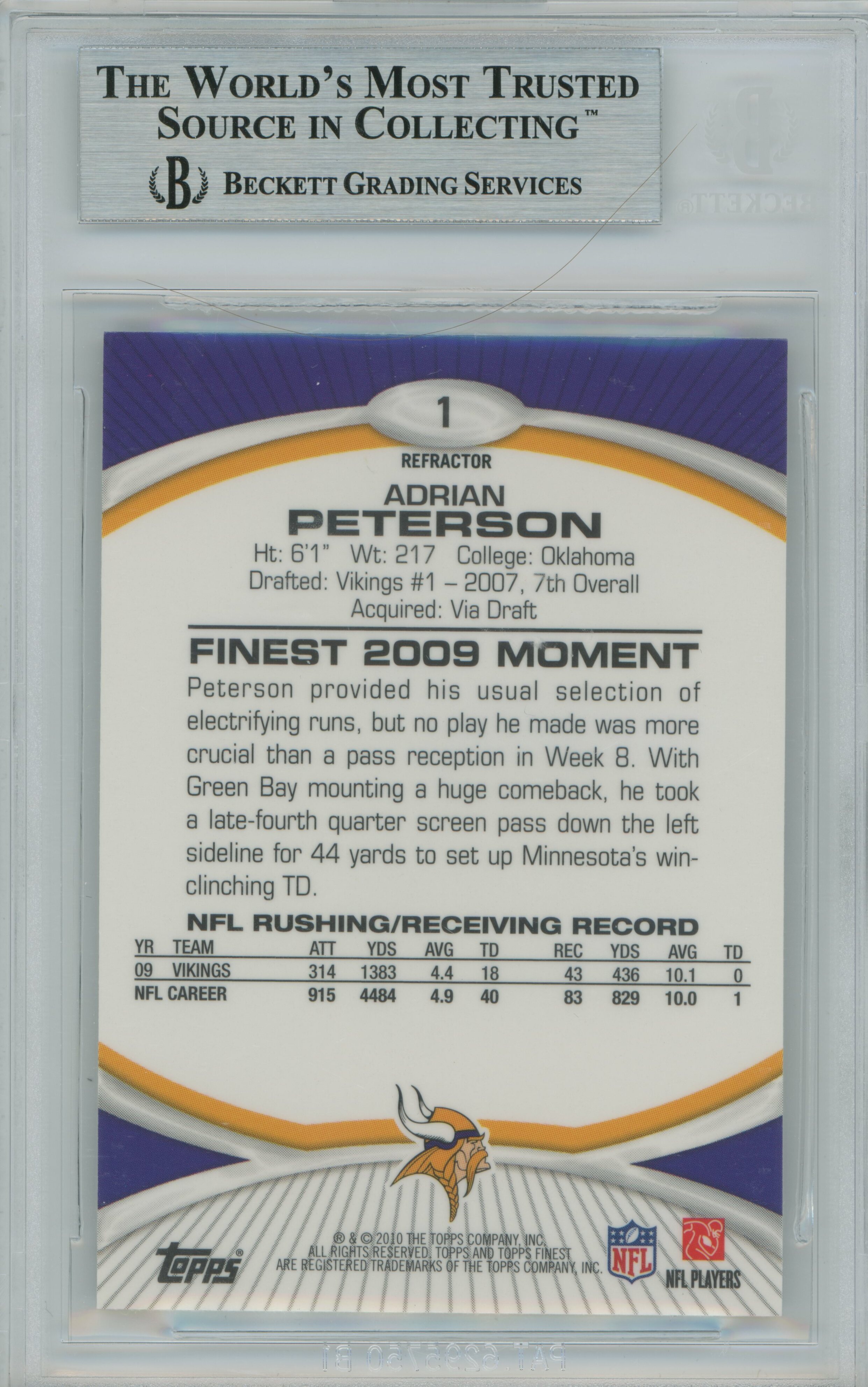 2010 Finest Refractor Adrian Peterson BGS 9