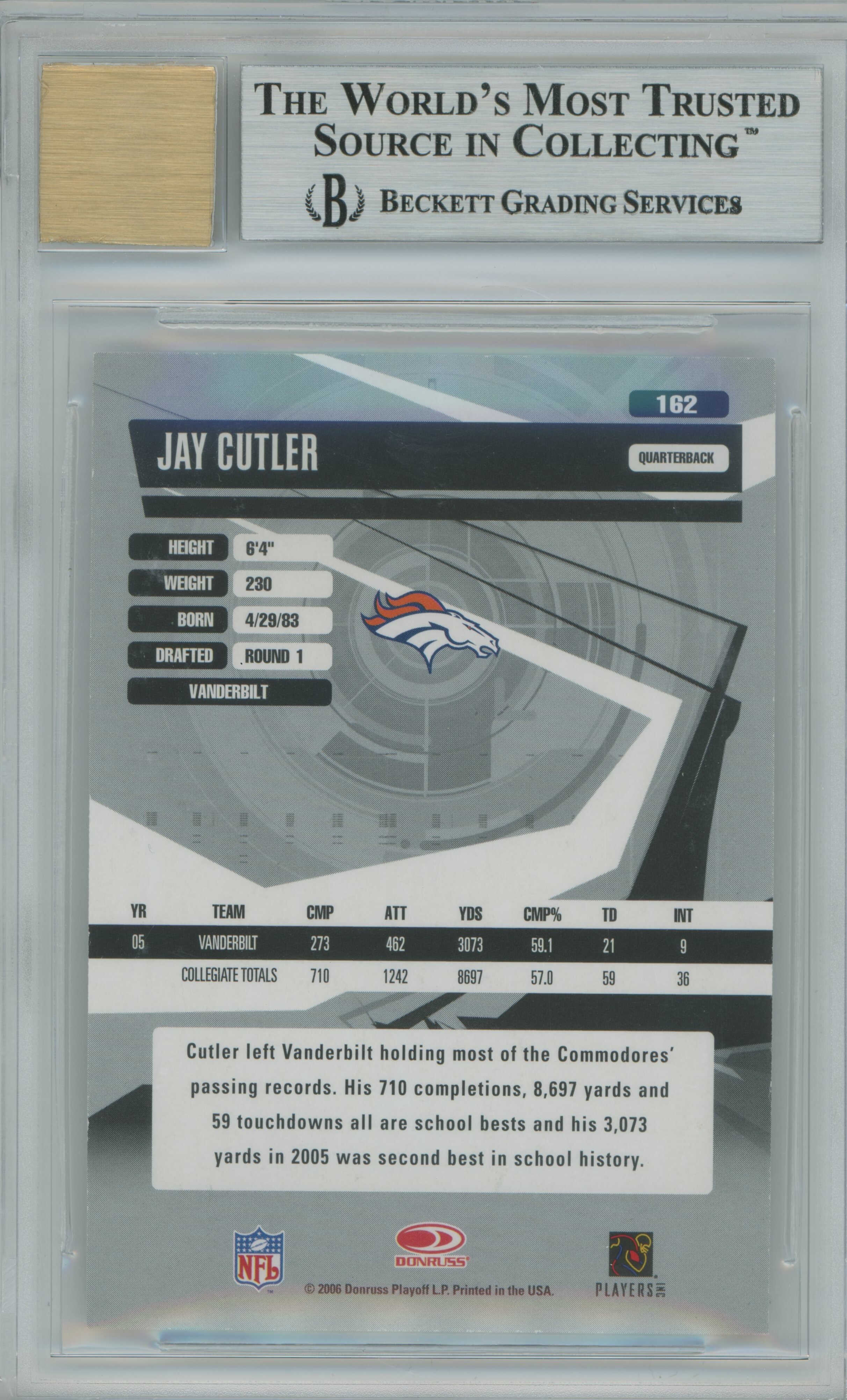 2006 Elite Turn of the Century Auto RC Jay Cutler BGS 9