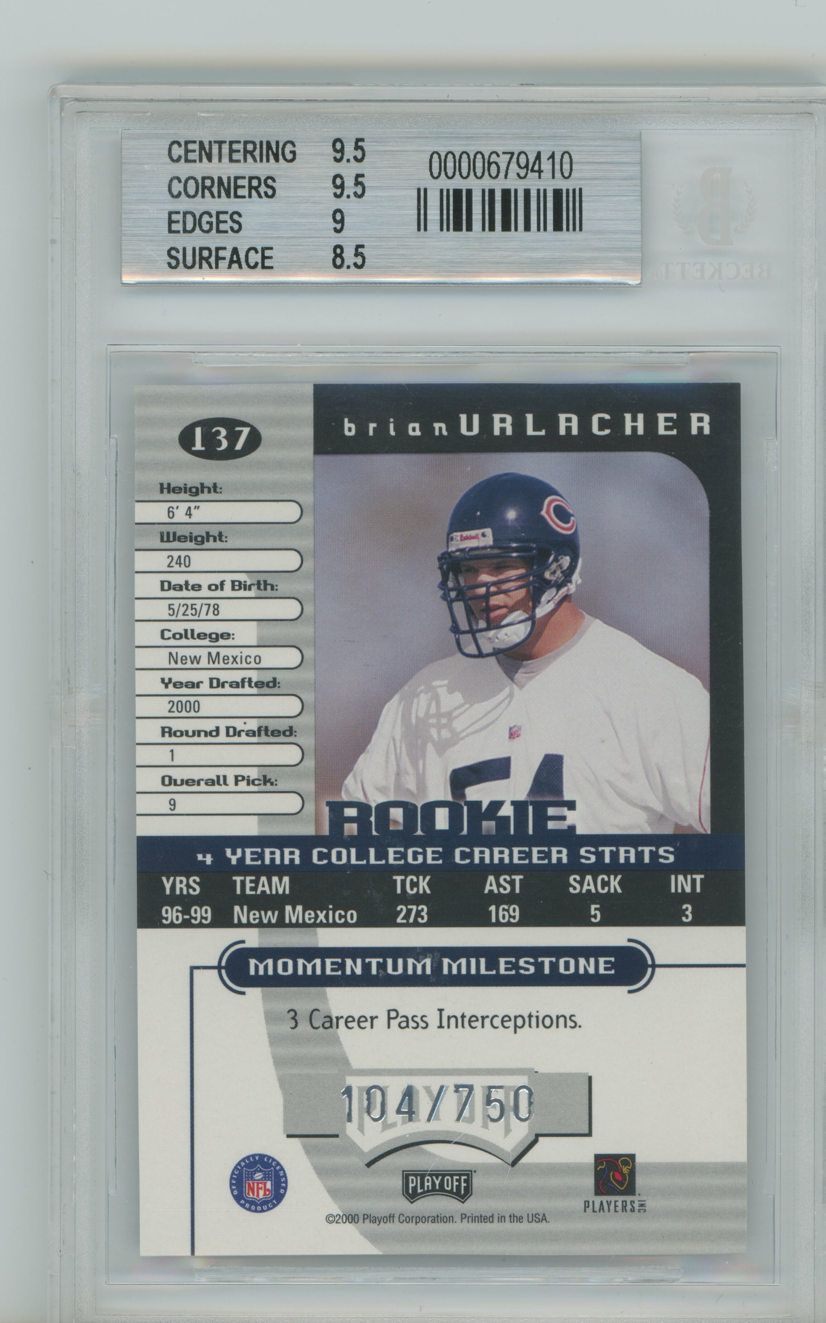 2000 Momentum Graded Series RC Brian Urlacher BGS 9