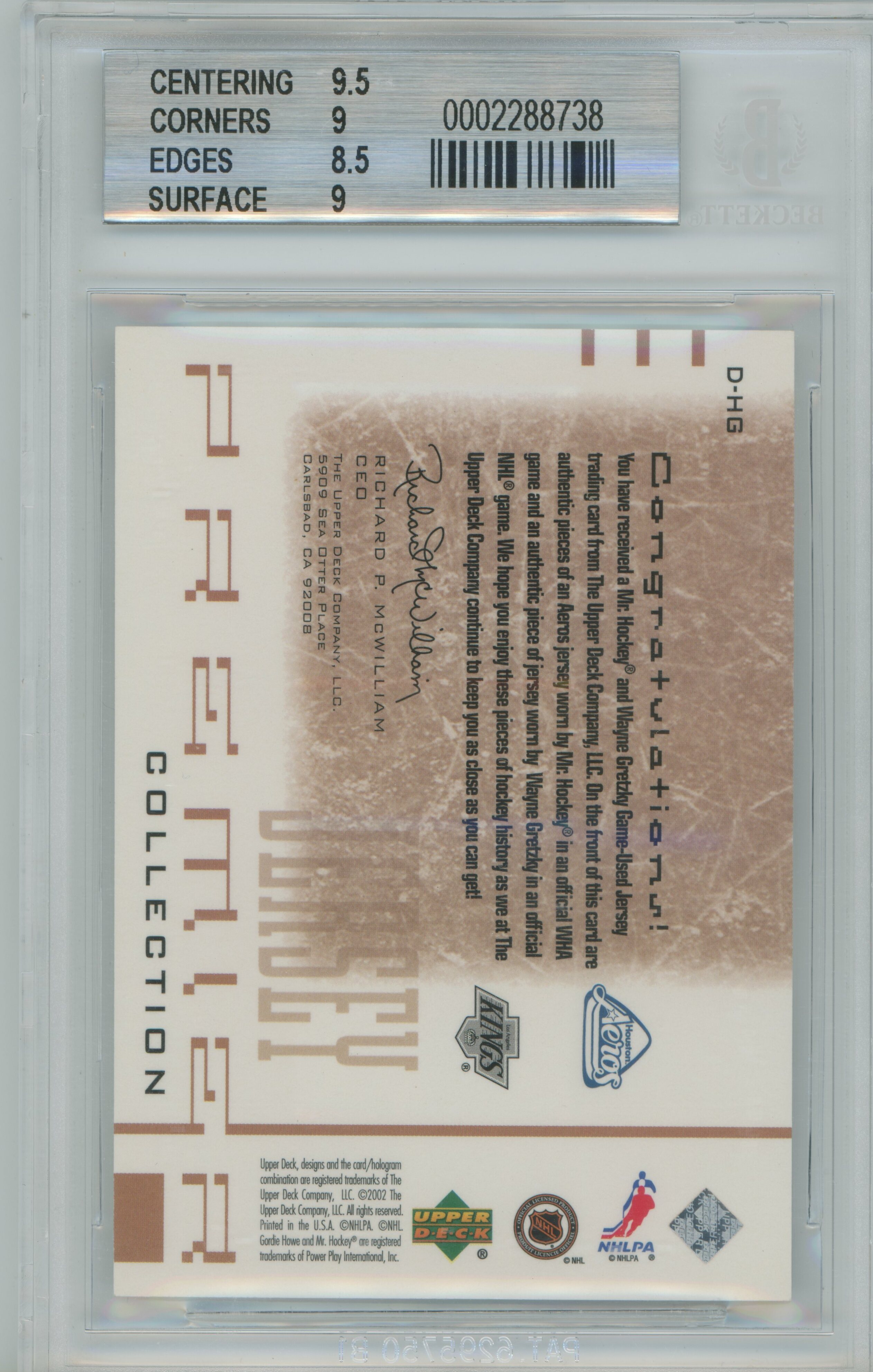 2001-02 Premier Collection Black Dual Jersey Gordie Howe Wayne Gretzky BGS 9
