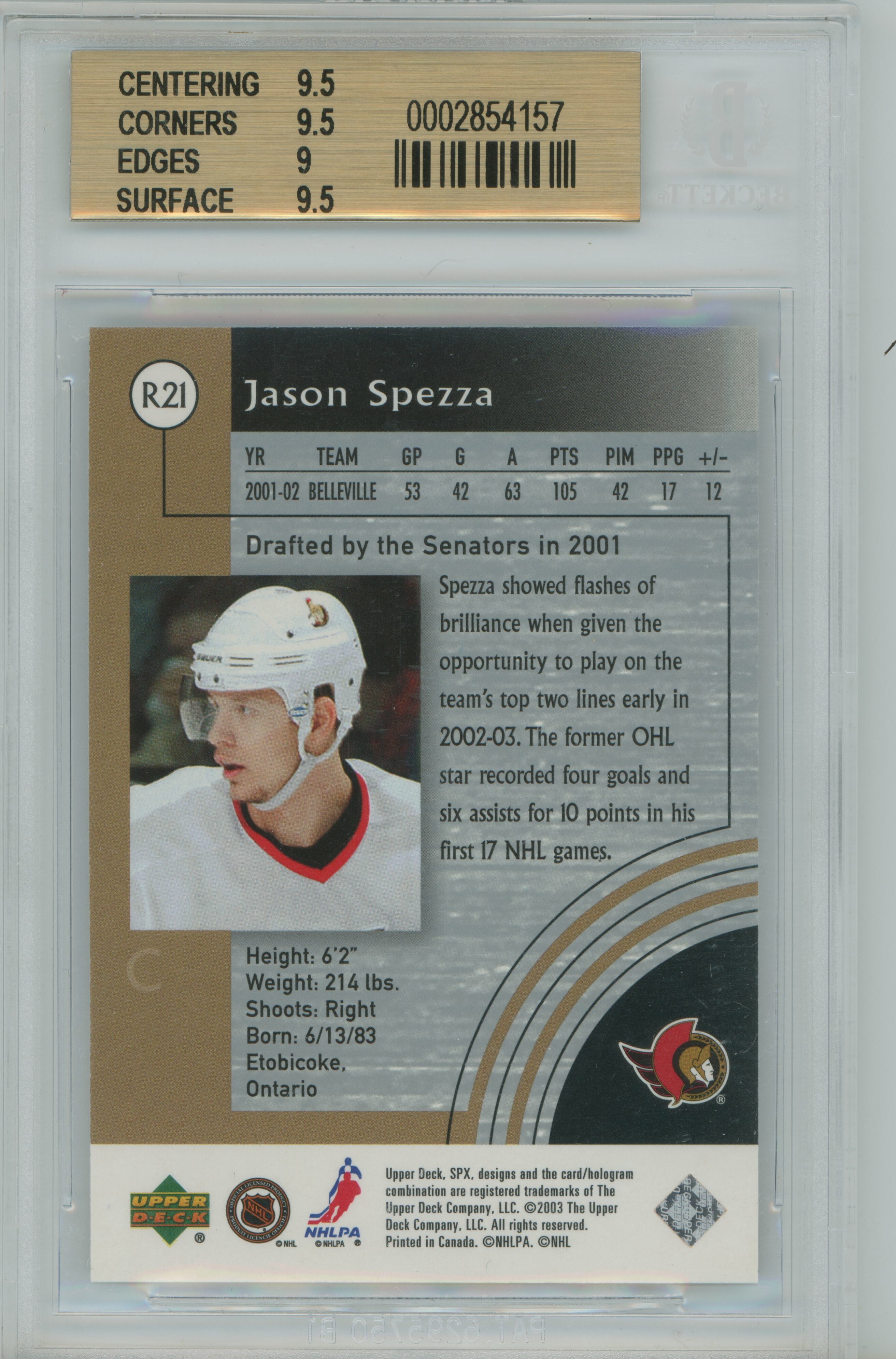 2001-02 SPx Rookie Redemption Jason Spezza BGS 9.5