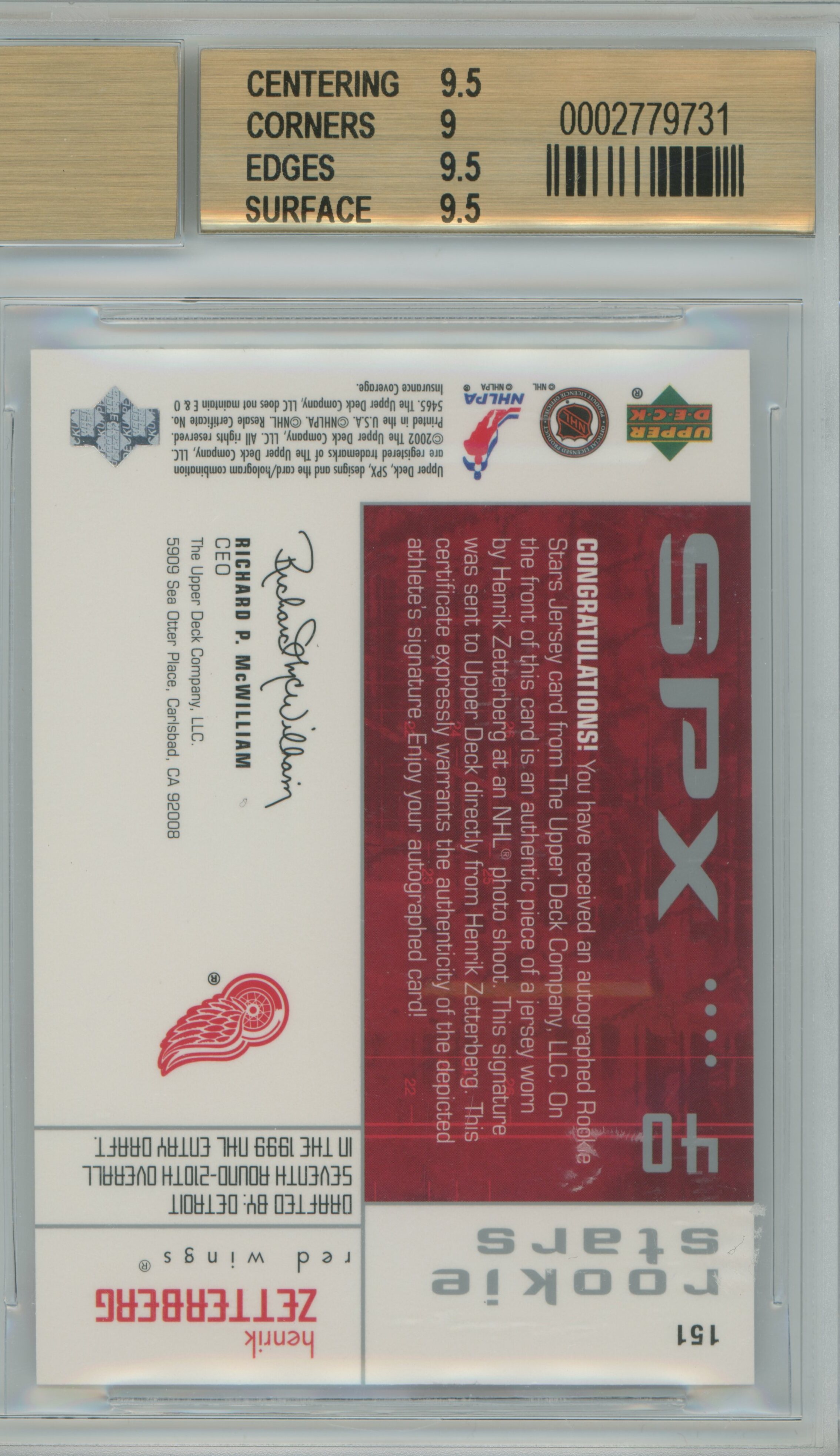 2002-03 SPx Jersey Auto RC Henrik Zetterberg BGS 9.5