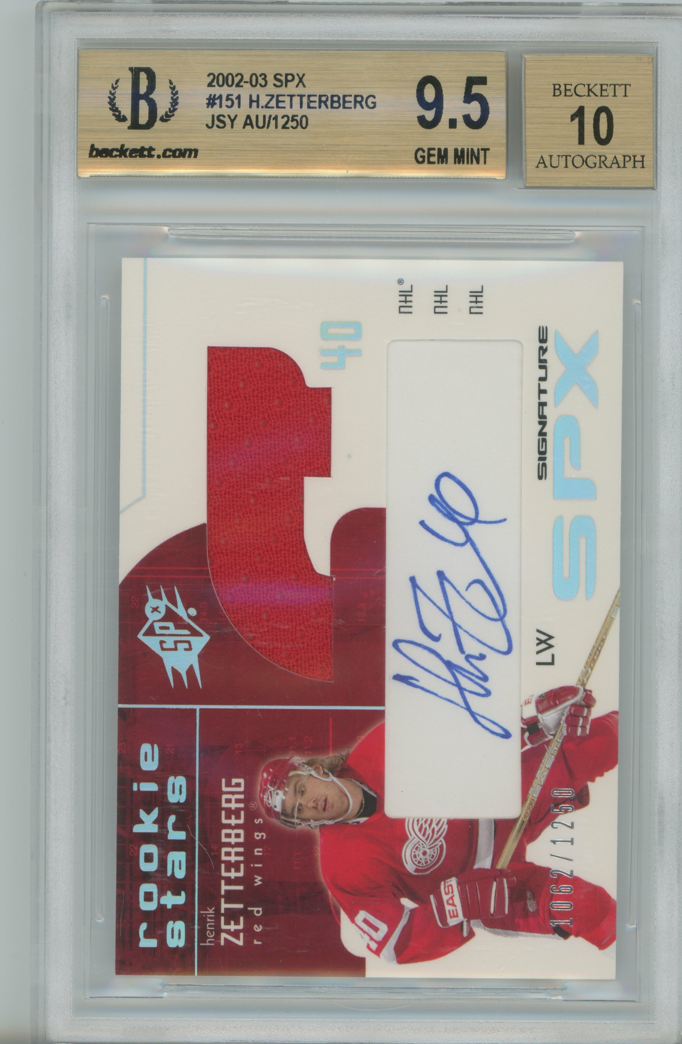 2002-03 SPx Jersey Auto RC Henrik Zetterberg BGS 9.5