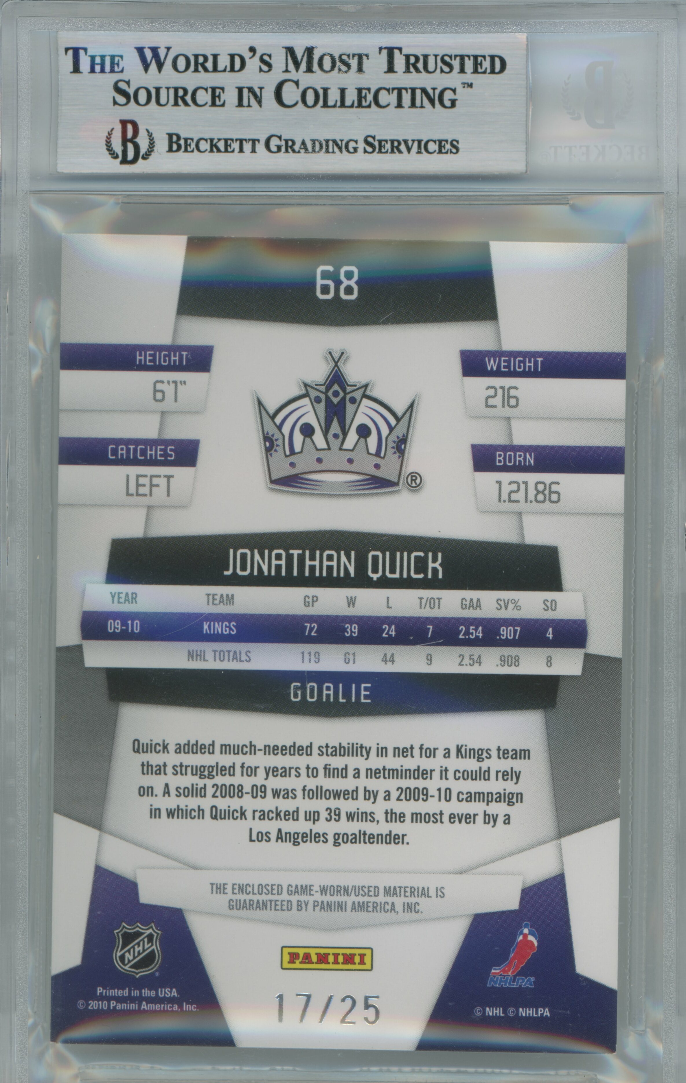 2010-11 Certified Mirror Gold Materials Prime Patch Jonathan Quick BGS 9