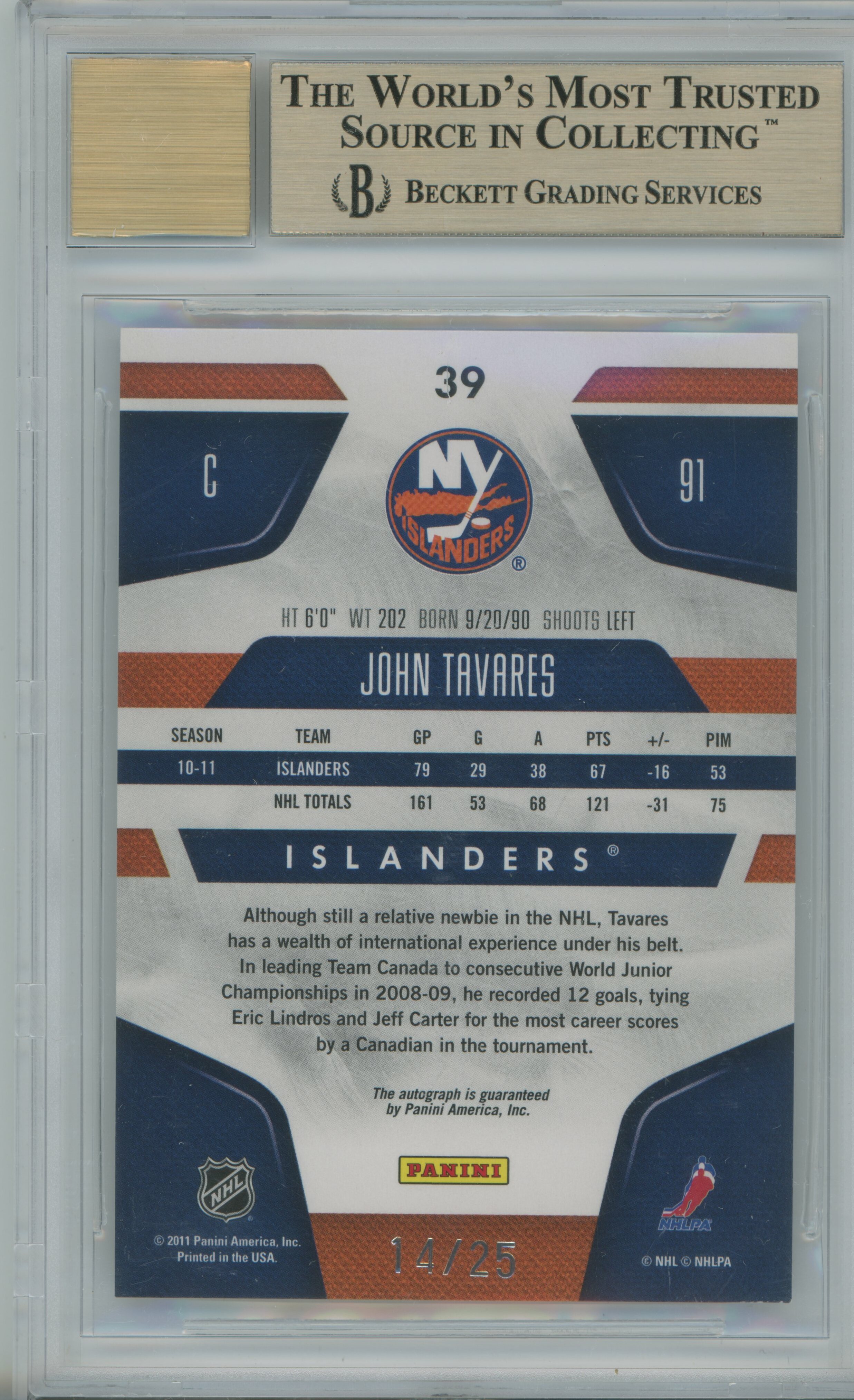 2011-12 Certified Mirror Gold Signatures Auto John Tavares BGS 9.5