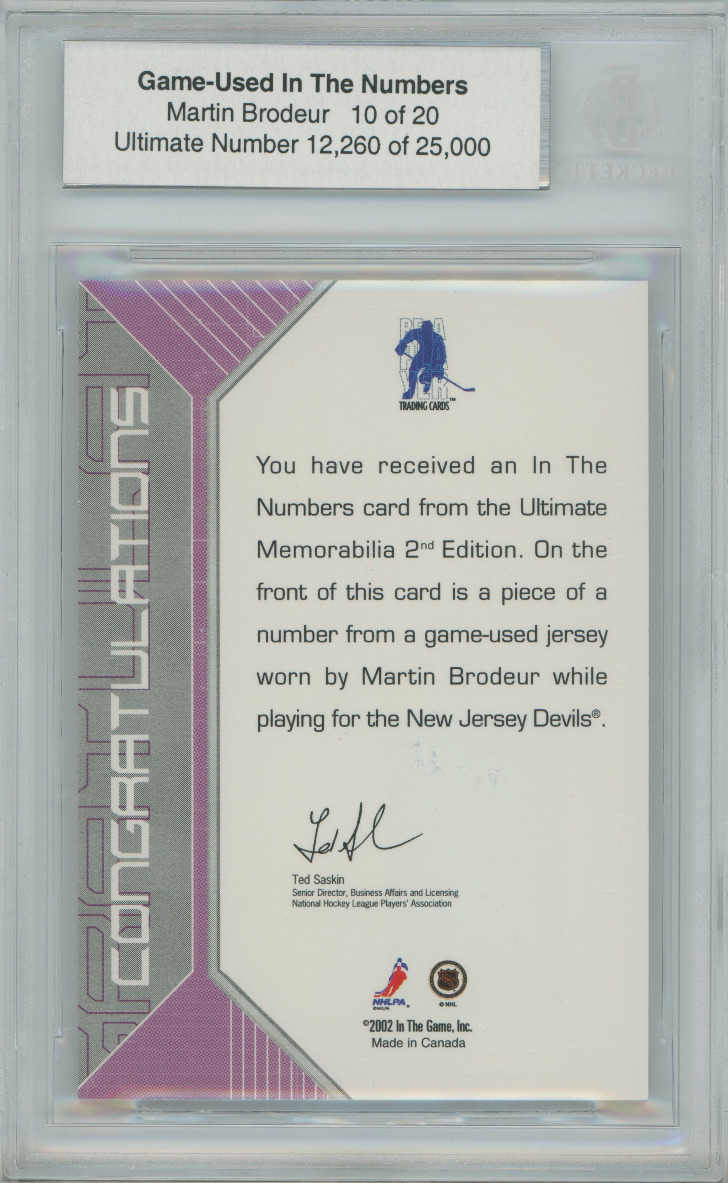 2001-02 BAP Ultimate Memorabilia In the Numbers Patch Martin Brodeur BGS 9