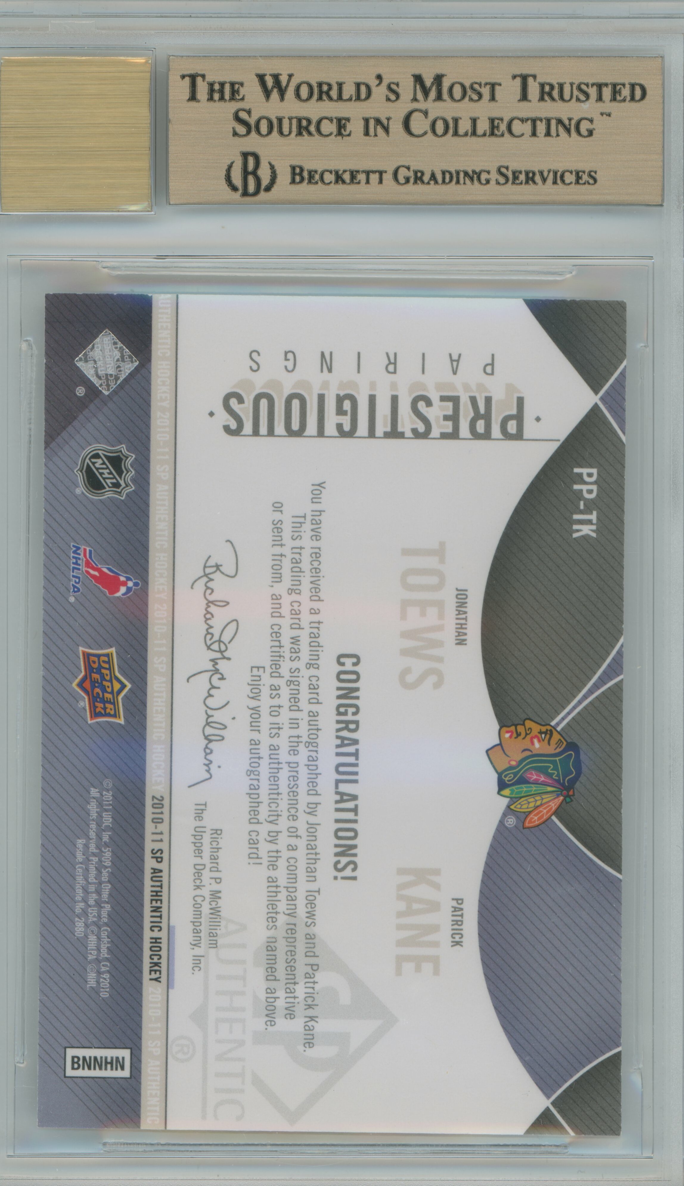 2010-11 SP Authentic Prestigious Pairings Auto Jonathan Toews Patrick Kane BGS 9.5