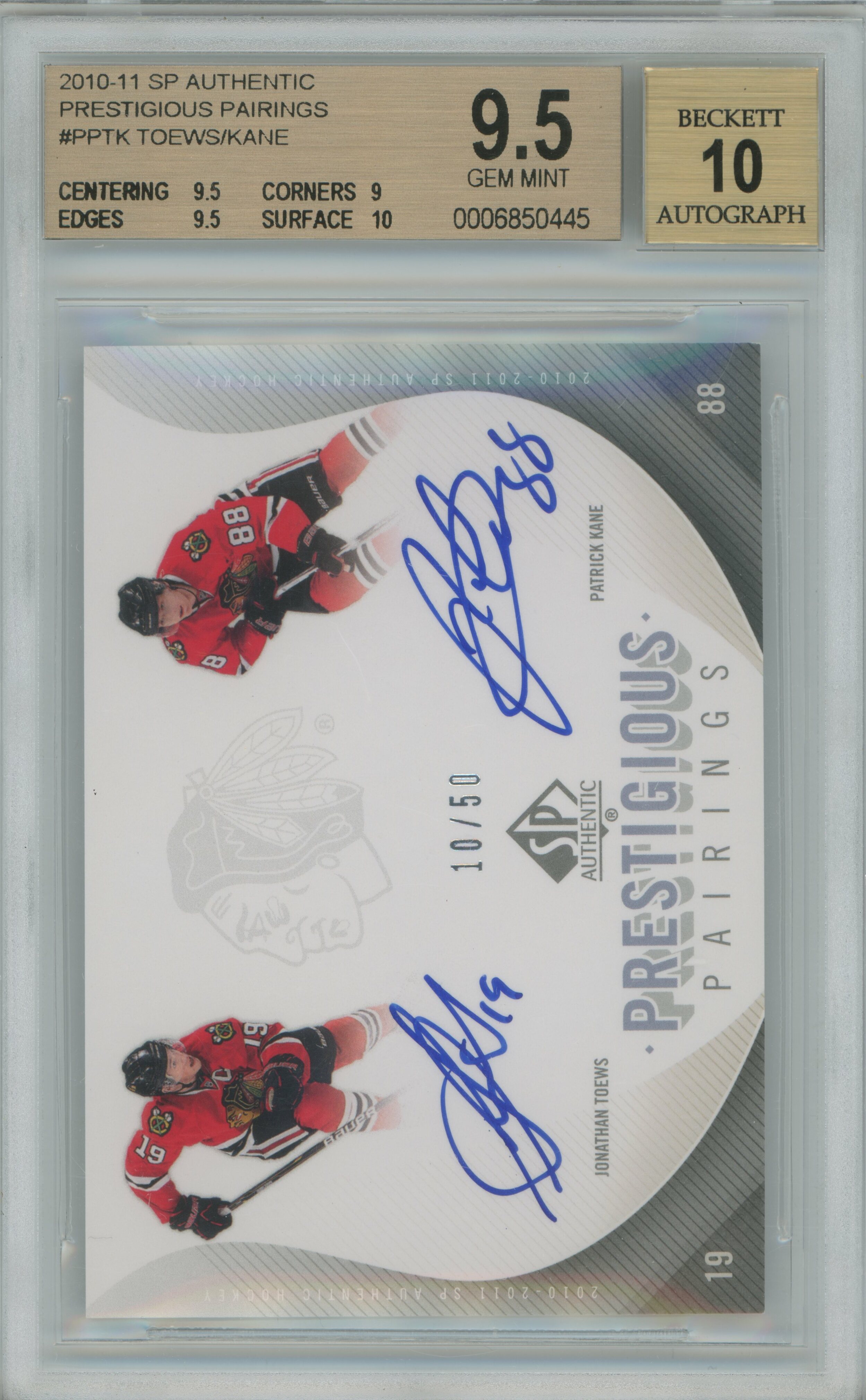 2010-11 SP Authentic Prestigious Pairings Auto Jonathan Toews Patrick Kane BGS 9.5