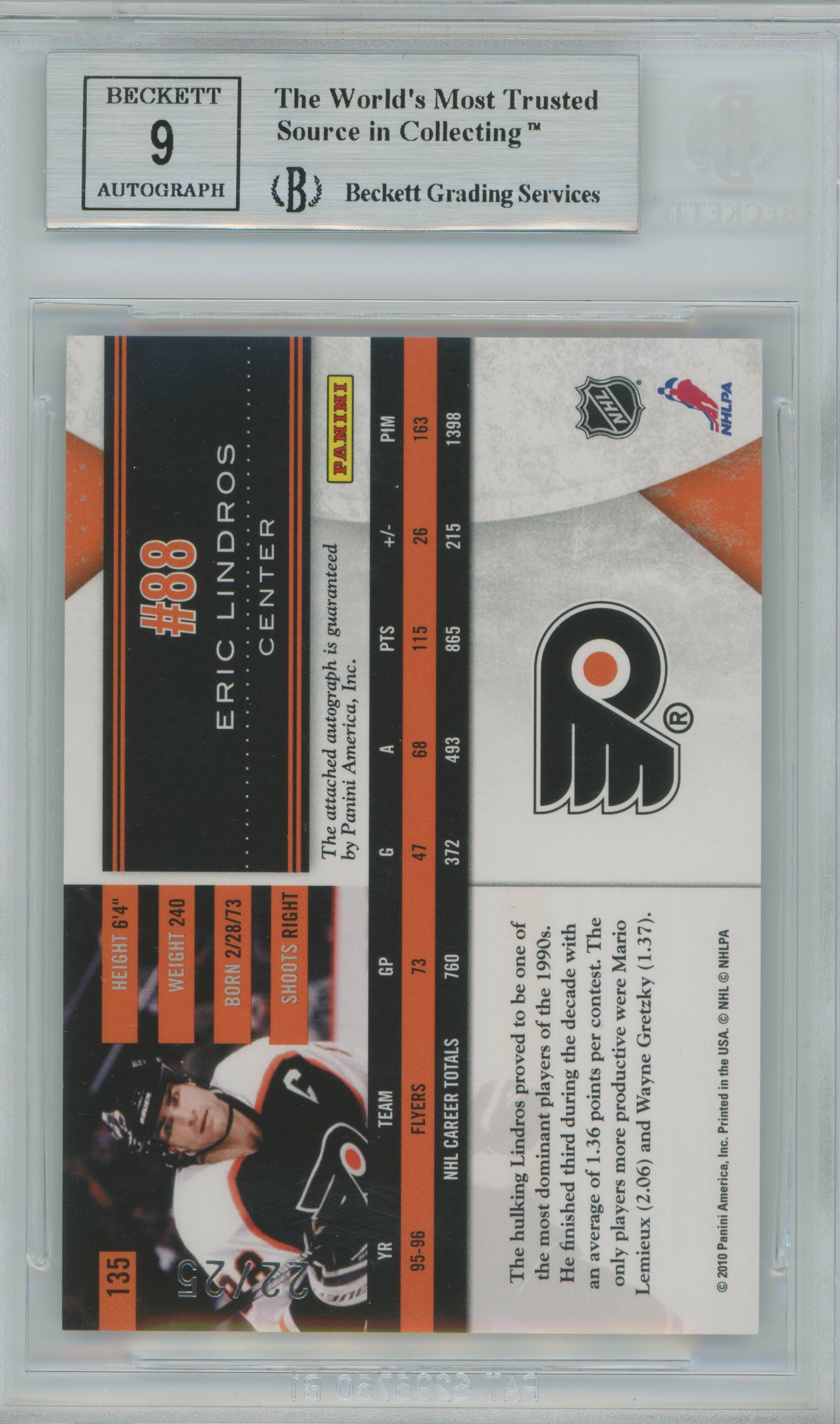 2010-11 Limited Monikers Gold Auto Eric Lindros BGS 9