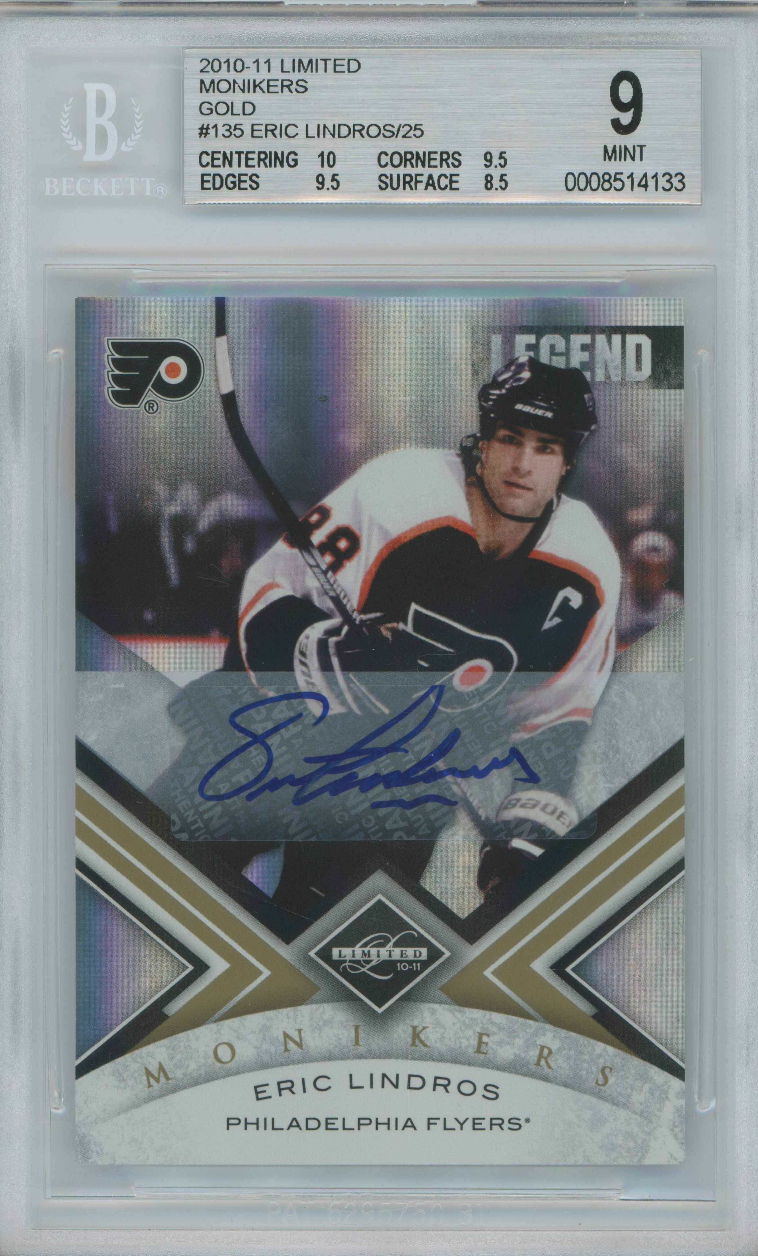 2010-11 Limited Monikers Gold Auto Eric Lindros BGS 9