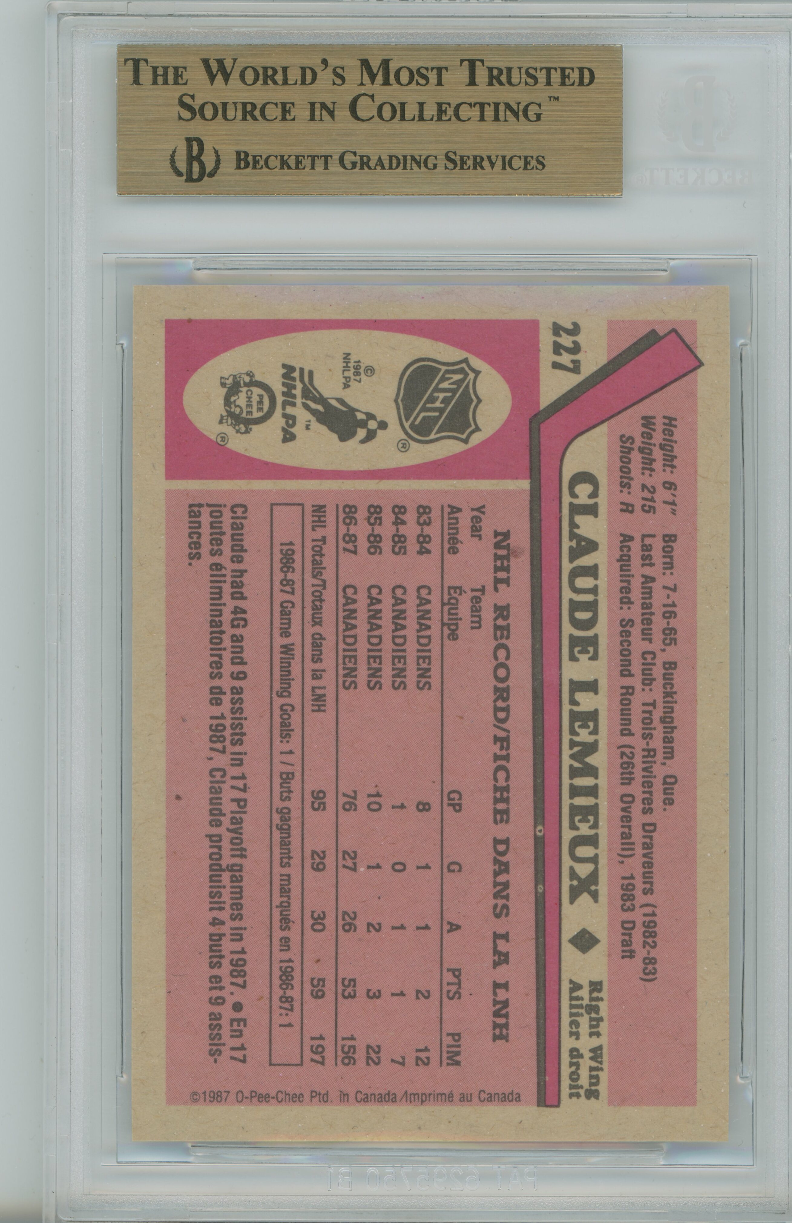 1987-88 O-Pee-Chee Claude Lemieux BGS 9.5