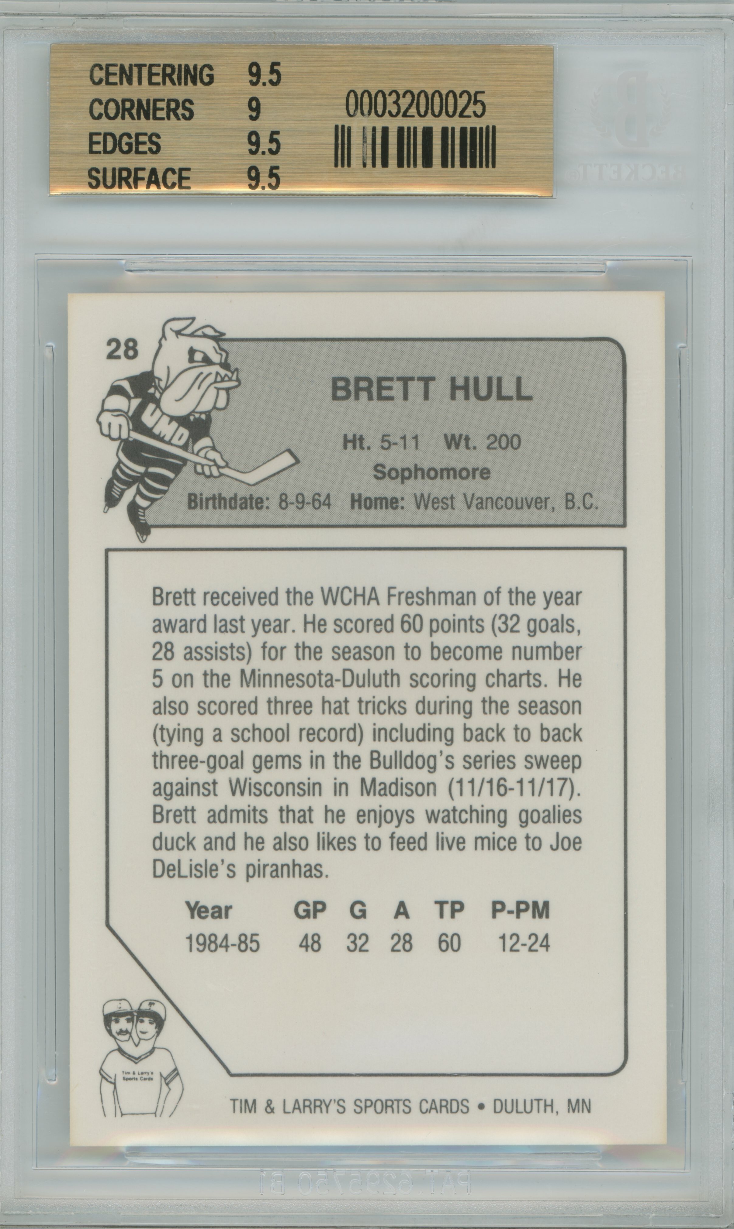 1985-86 Minnesota-Duluth Bulldogs Brett Hull BGS 9.5