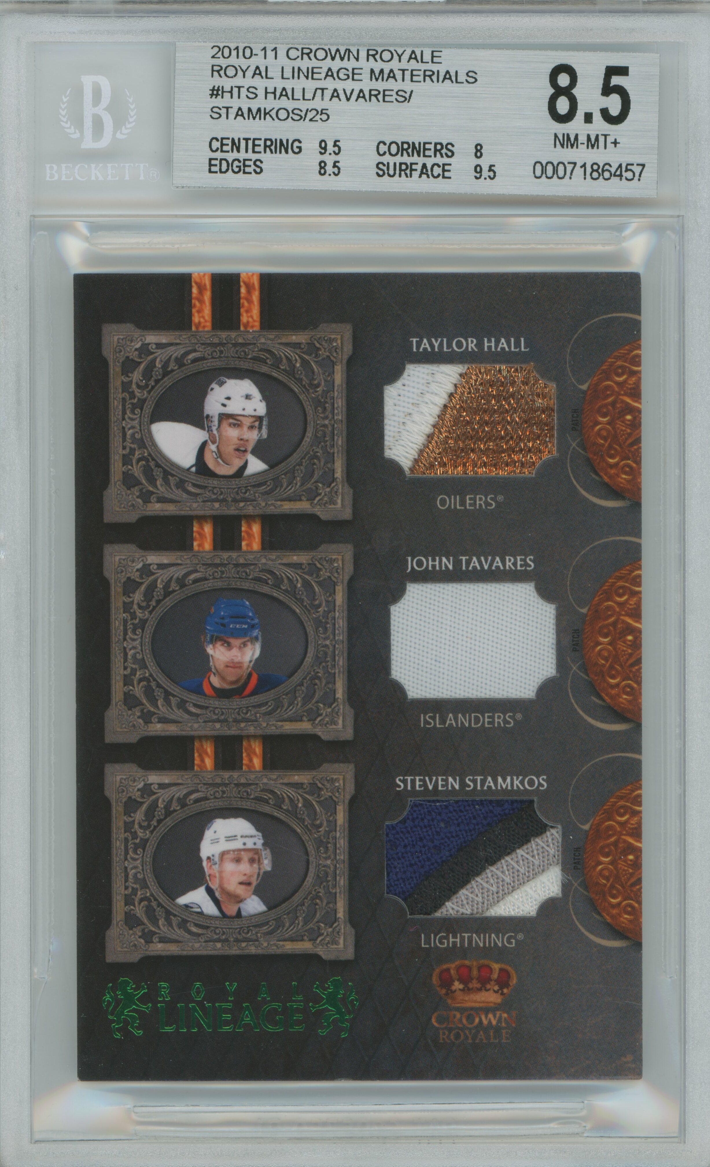 2010-11 Crown Royale Royal Lineage Materials Triple Patch Taylor Hall John Tavares Steven Stamkos BGS 8.5