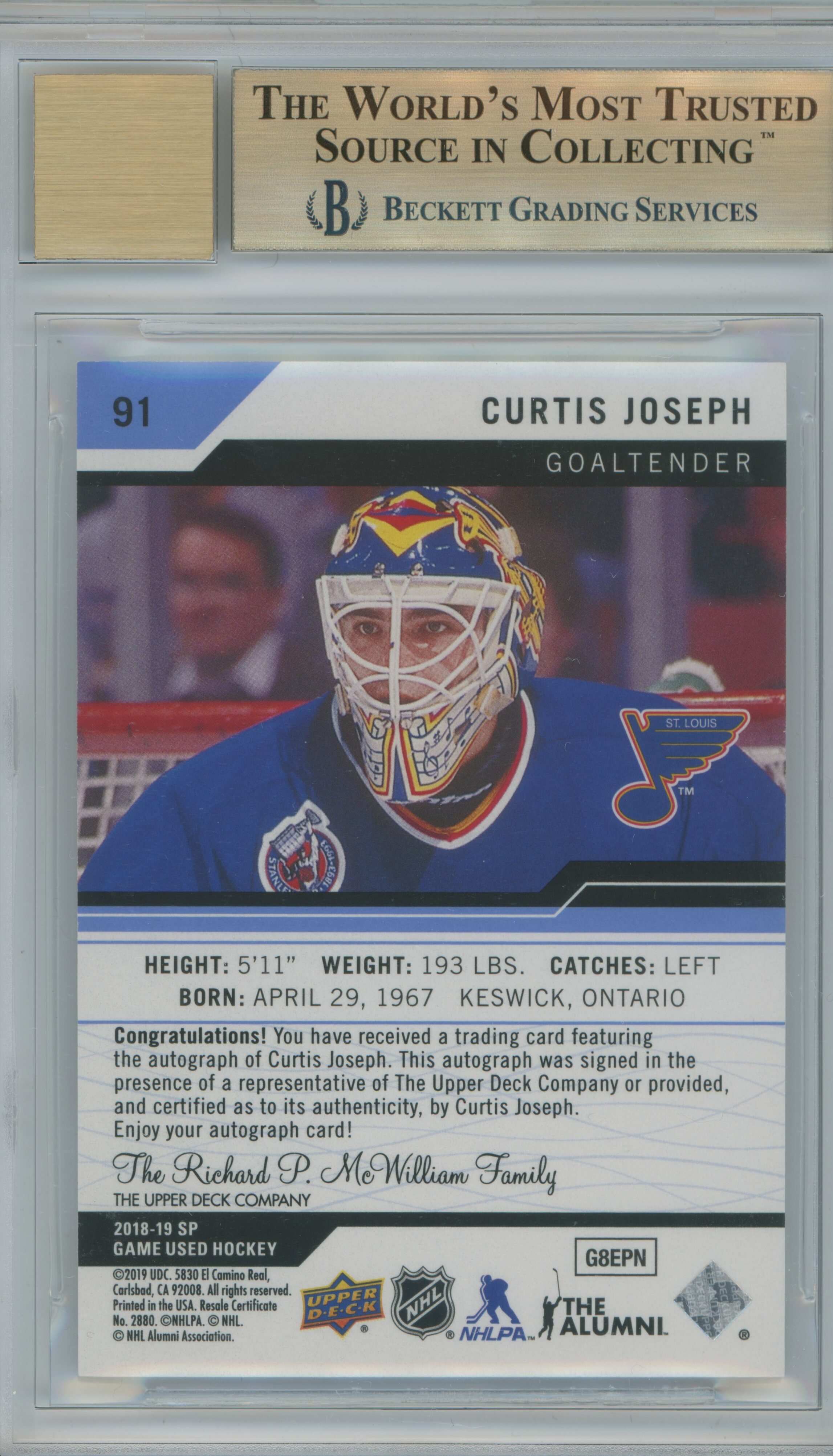 2018-19 SP Game Used Autographs Blue Curtis Joseph BGS 9.5