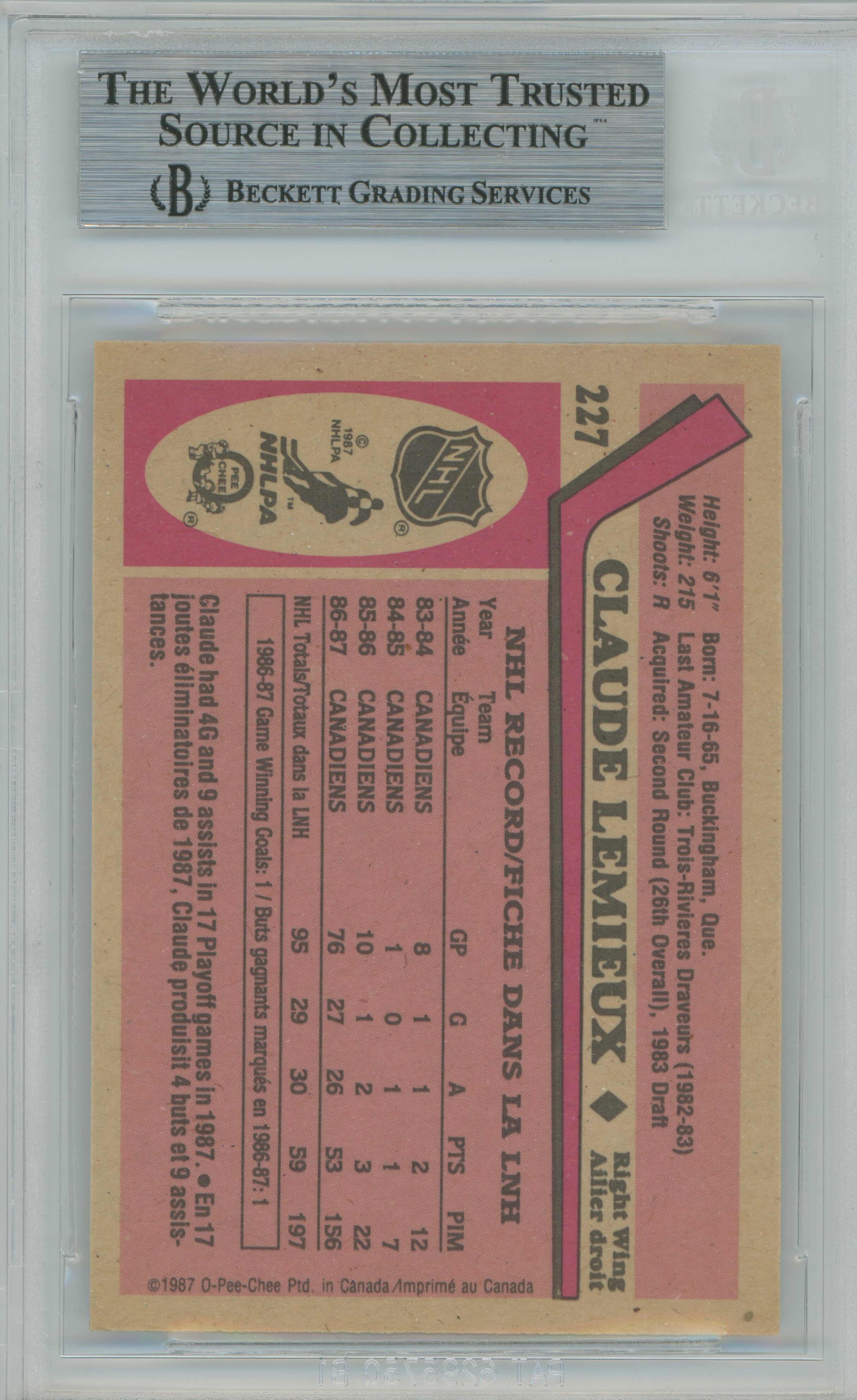 1987-88 O-Pee-Chee Claude Lemieux BGS 8.5