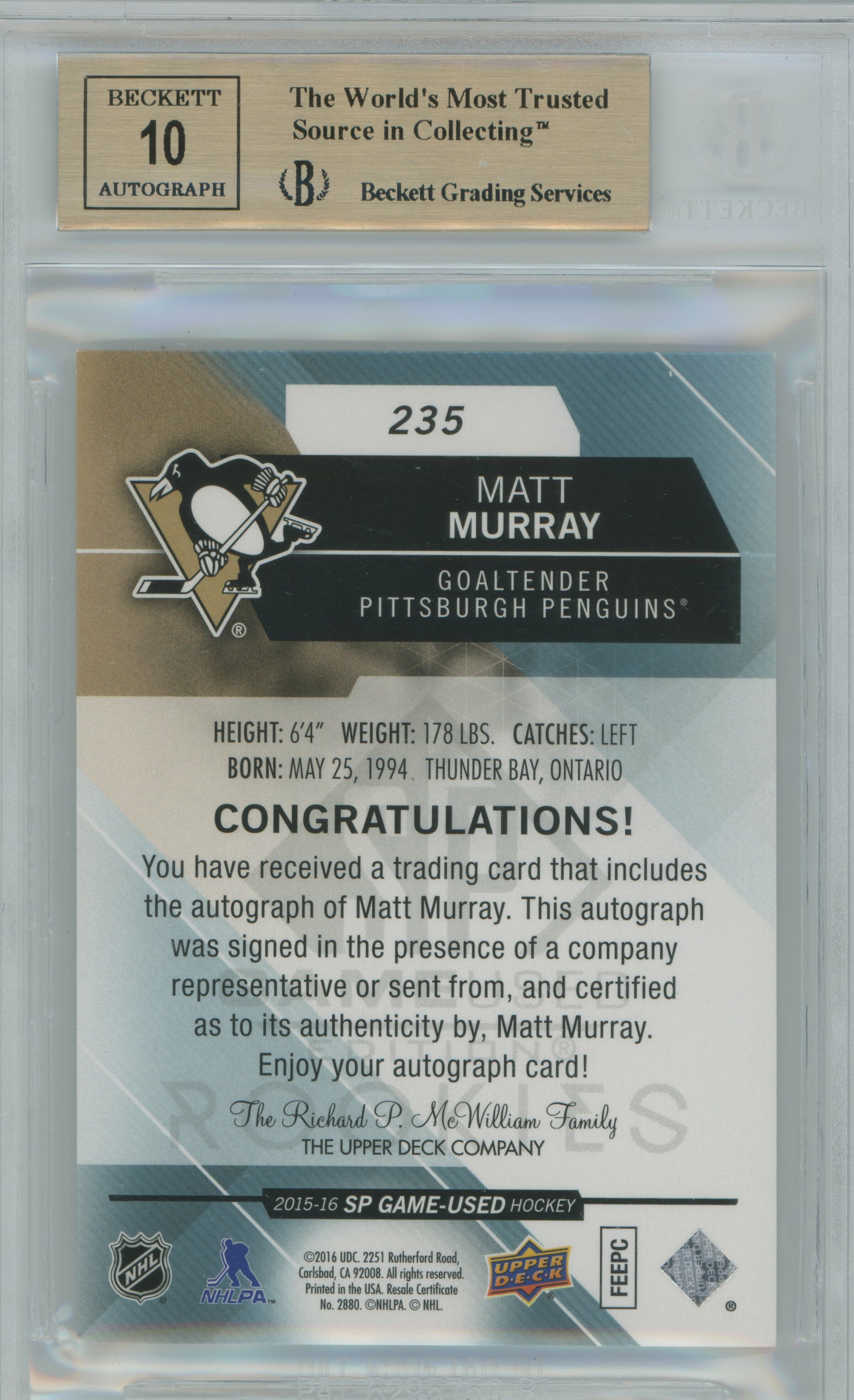 2015-16 SP Game Used Auto Blue Matt Murray BGS 9.5