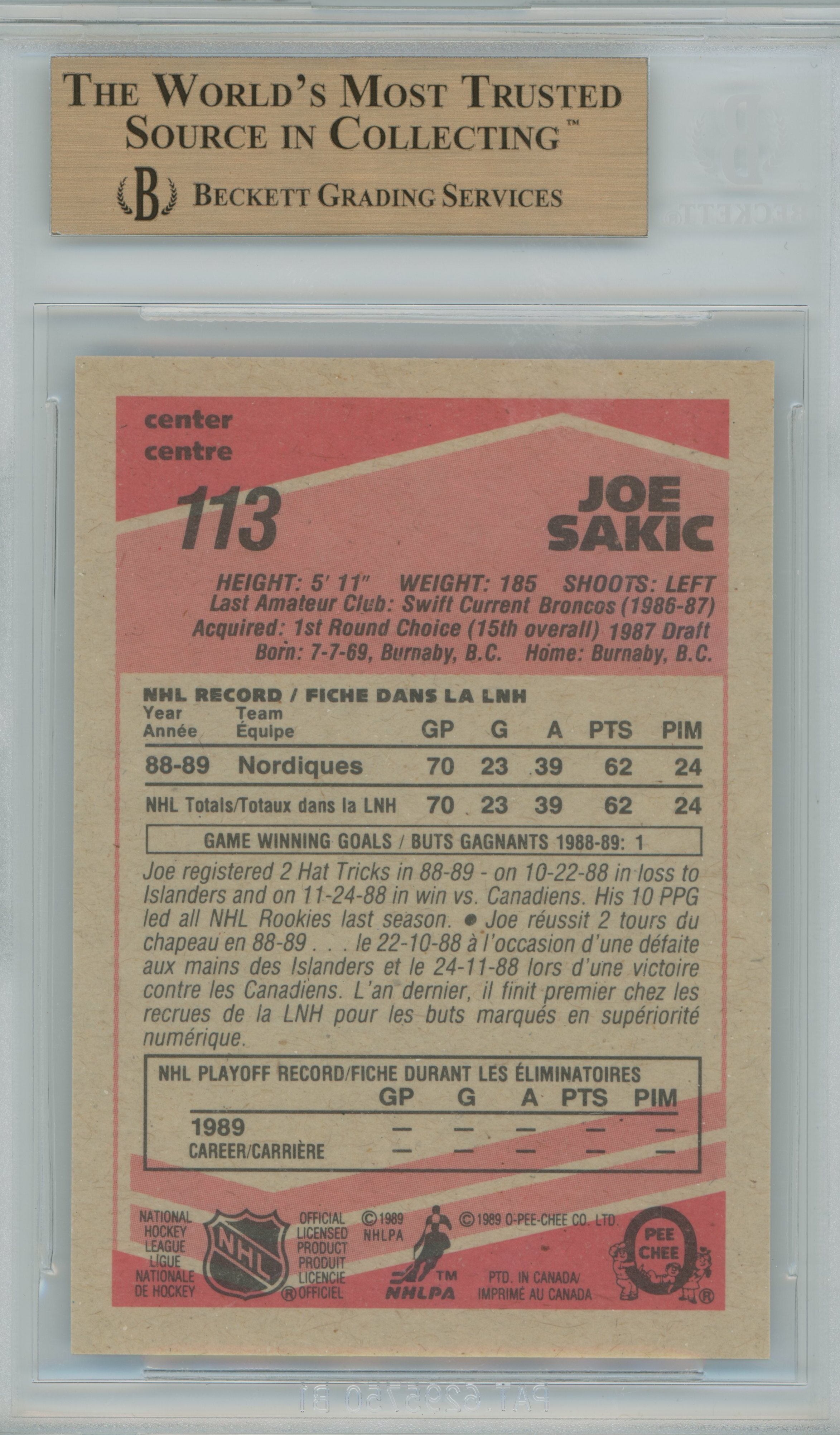 1989-90 O-Pee-Chee Joe Sakic BGS 9.5