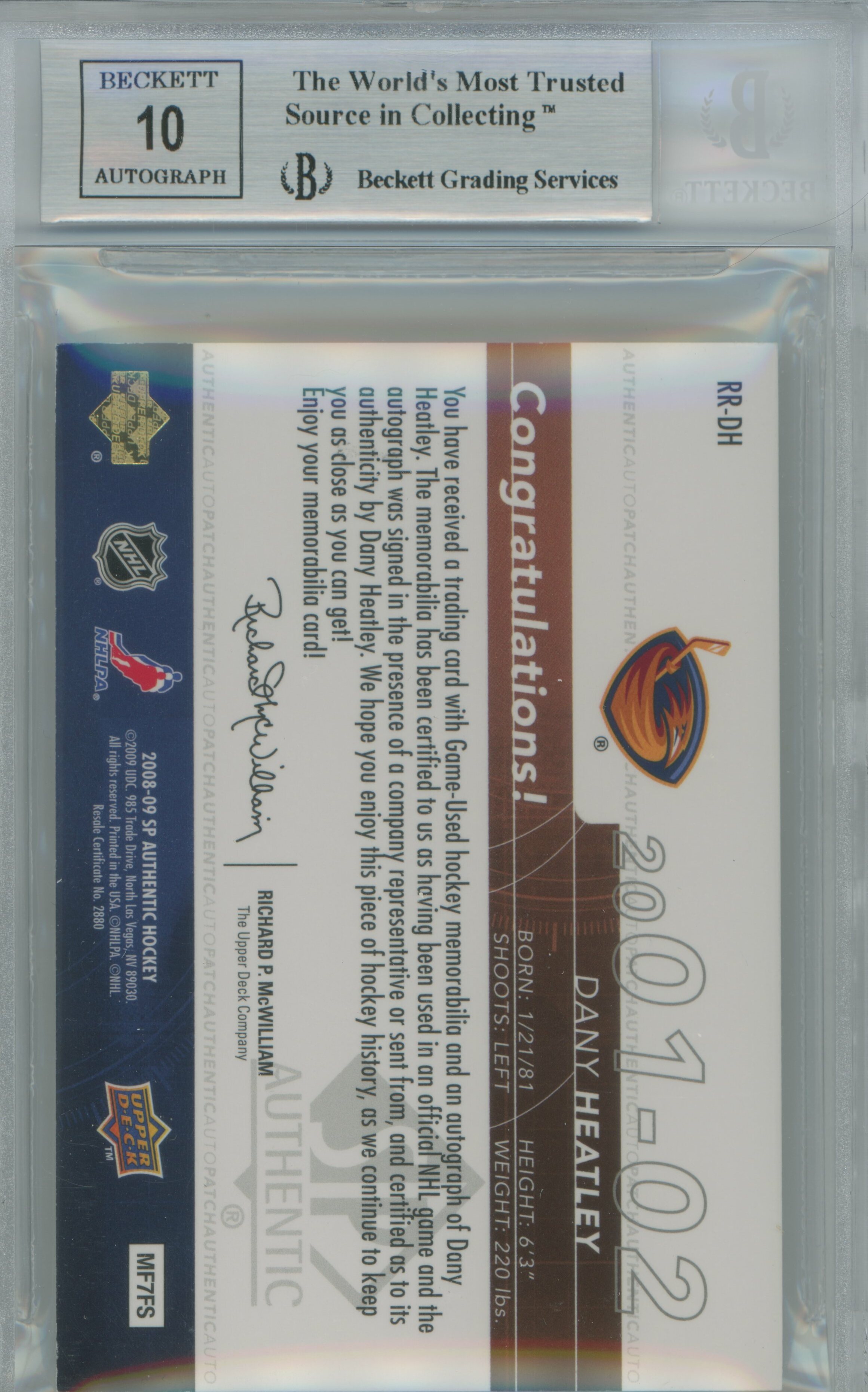 2008-09 SP Authentic Rookie Review Patch Auto Dany Heatley BGS 9