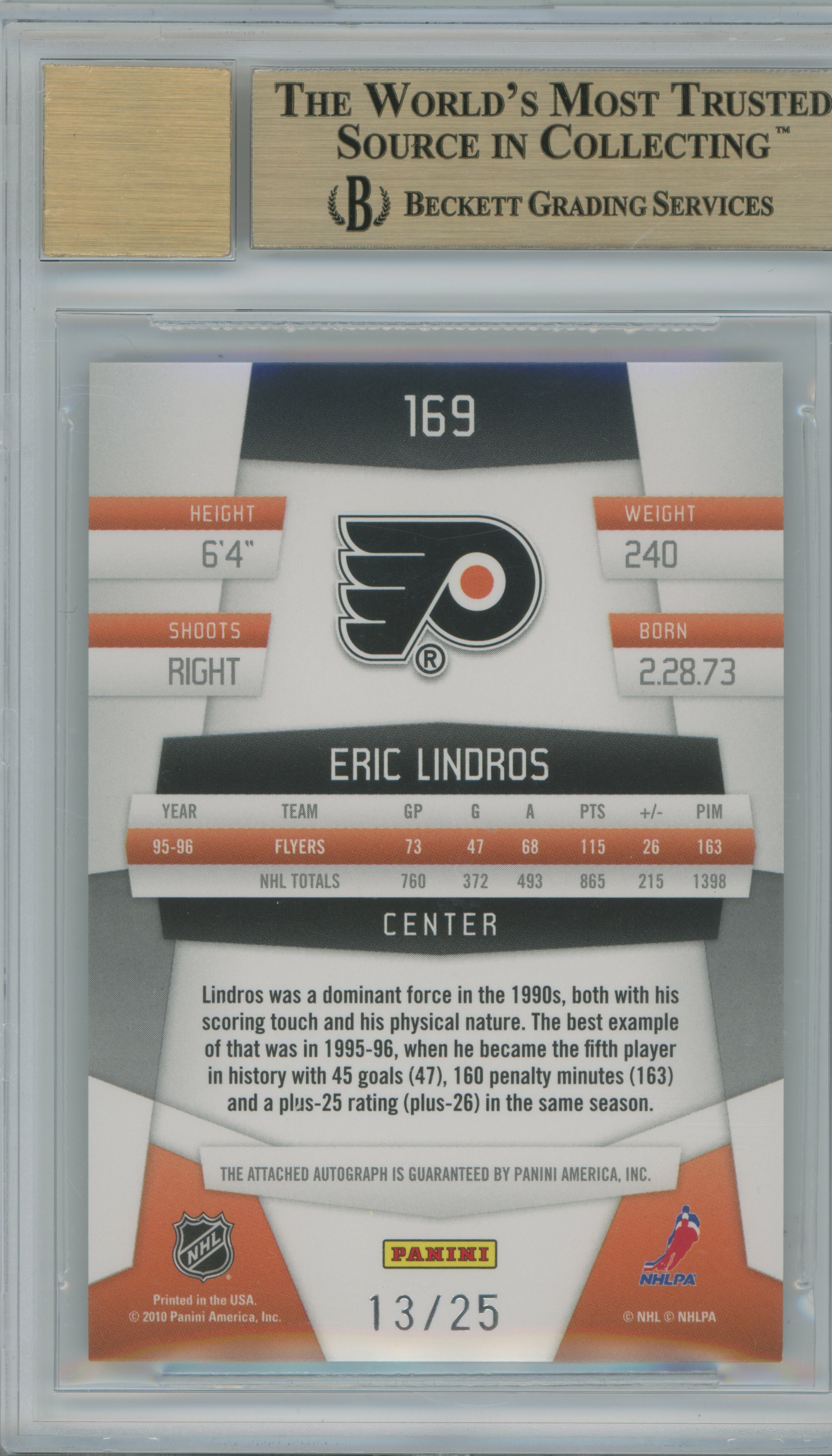 2010-11 Certified Mirror Gold Signatures Auto Eric Lindros BGS 9.5