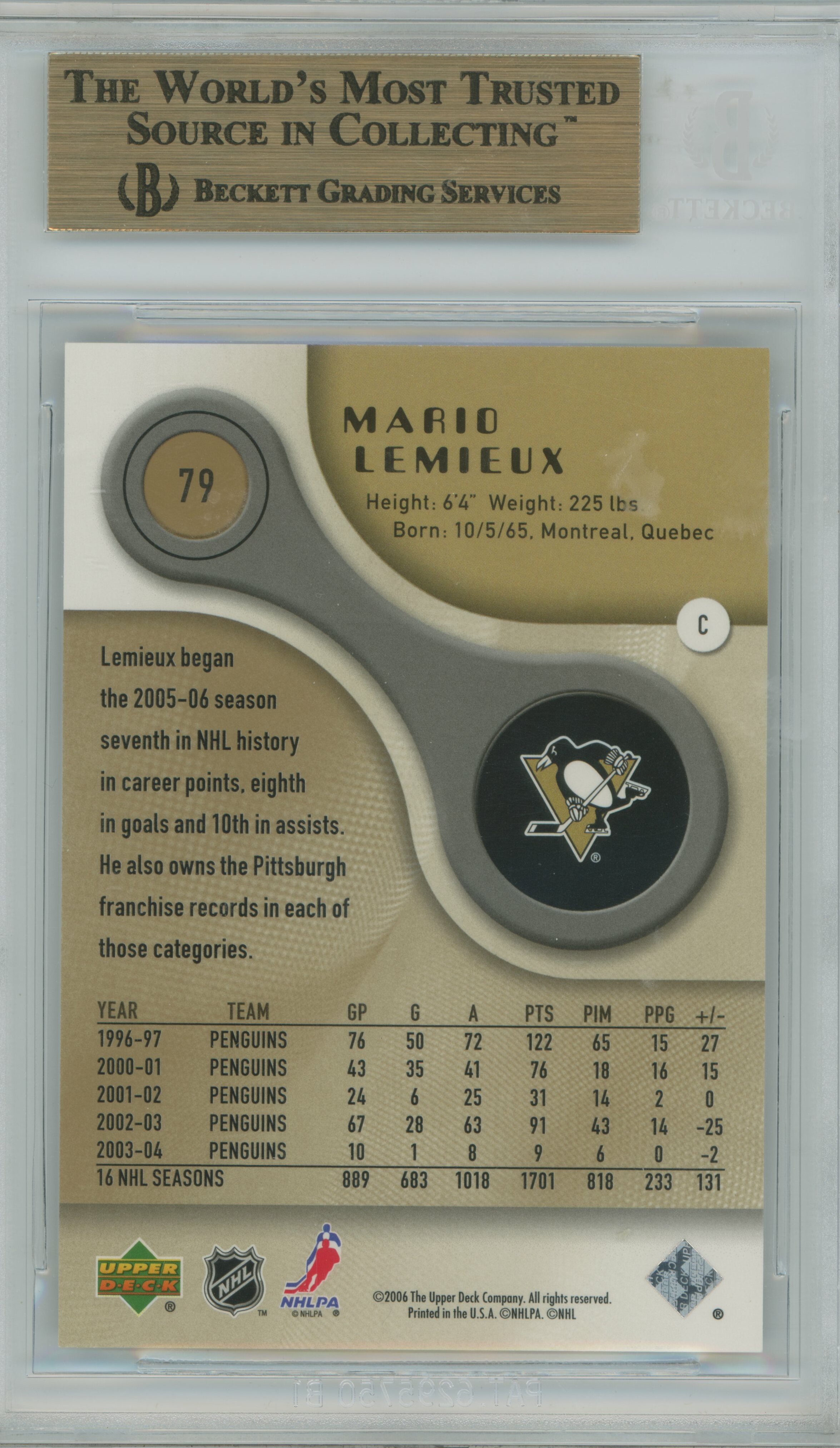 2005-06 SP Game Used Gold Mario Lemieux BGS 9.5